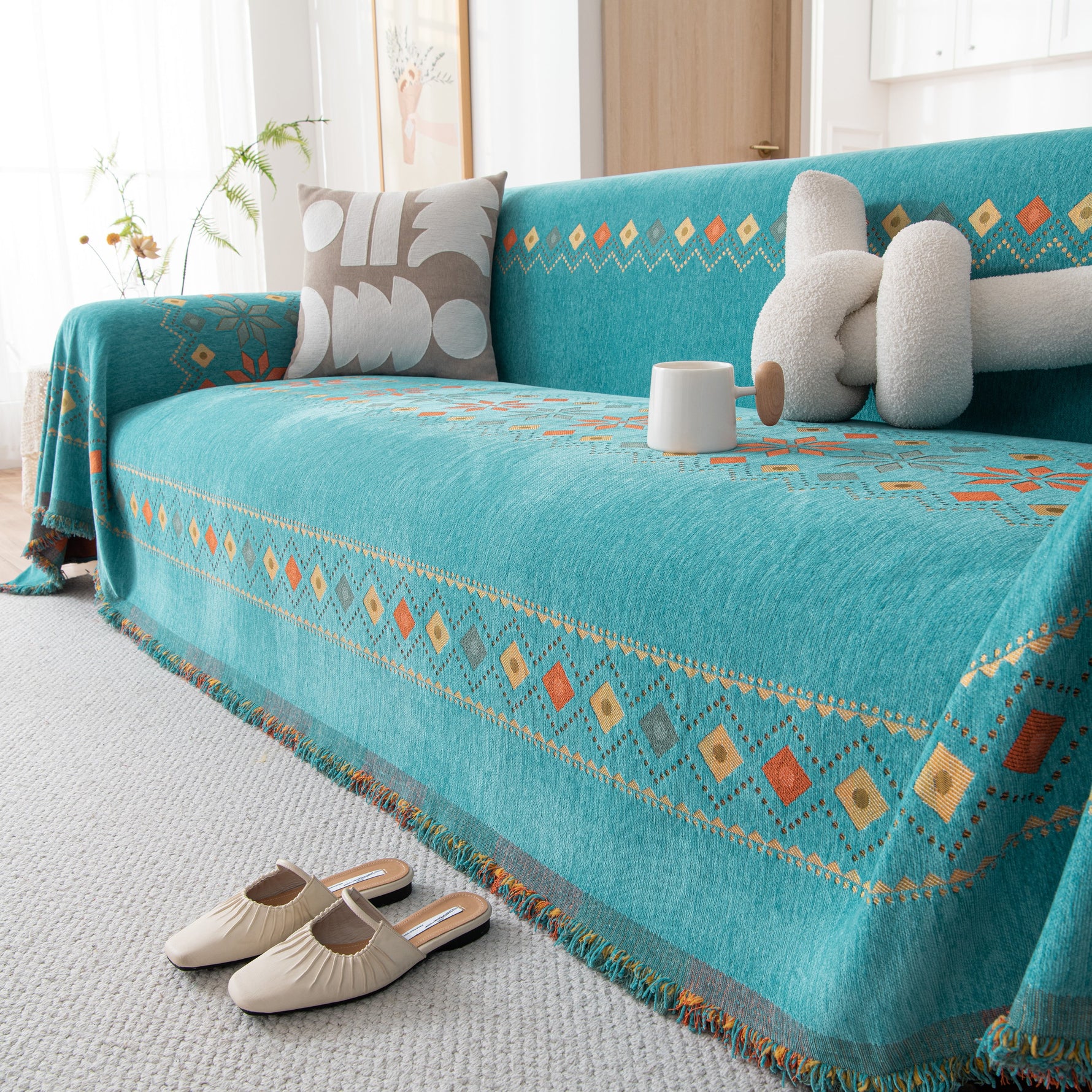 Bohemian Geometric Sofa Throw Cover, Cozy & Protective Ethnic-Inspired Couch Cover