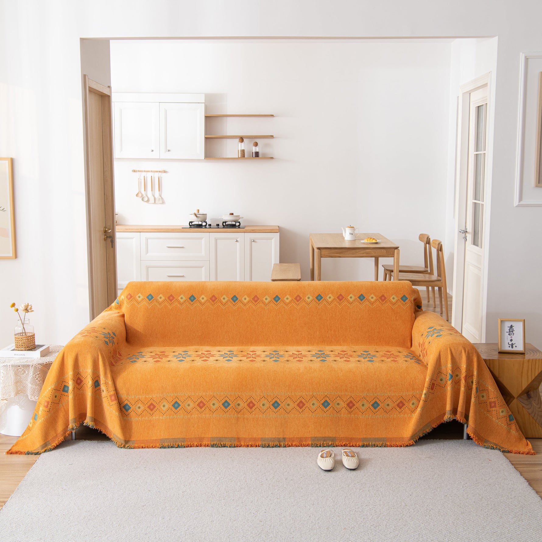 Bohemian Geometric Sofa Throw Cover, Cozy & Protective Ethnic-Inspired Couch Cover