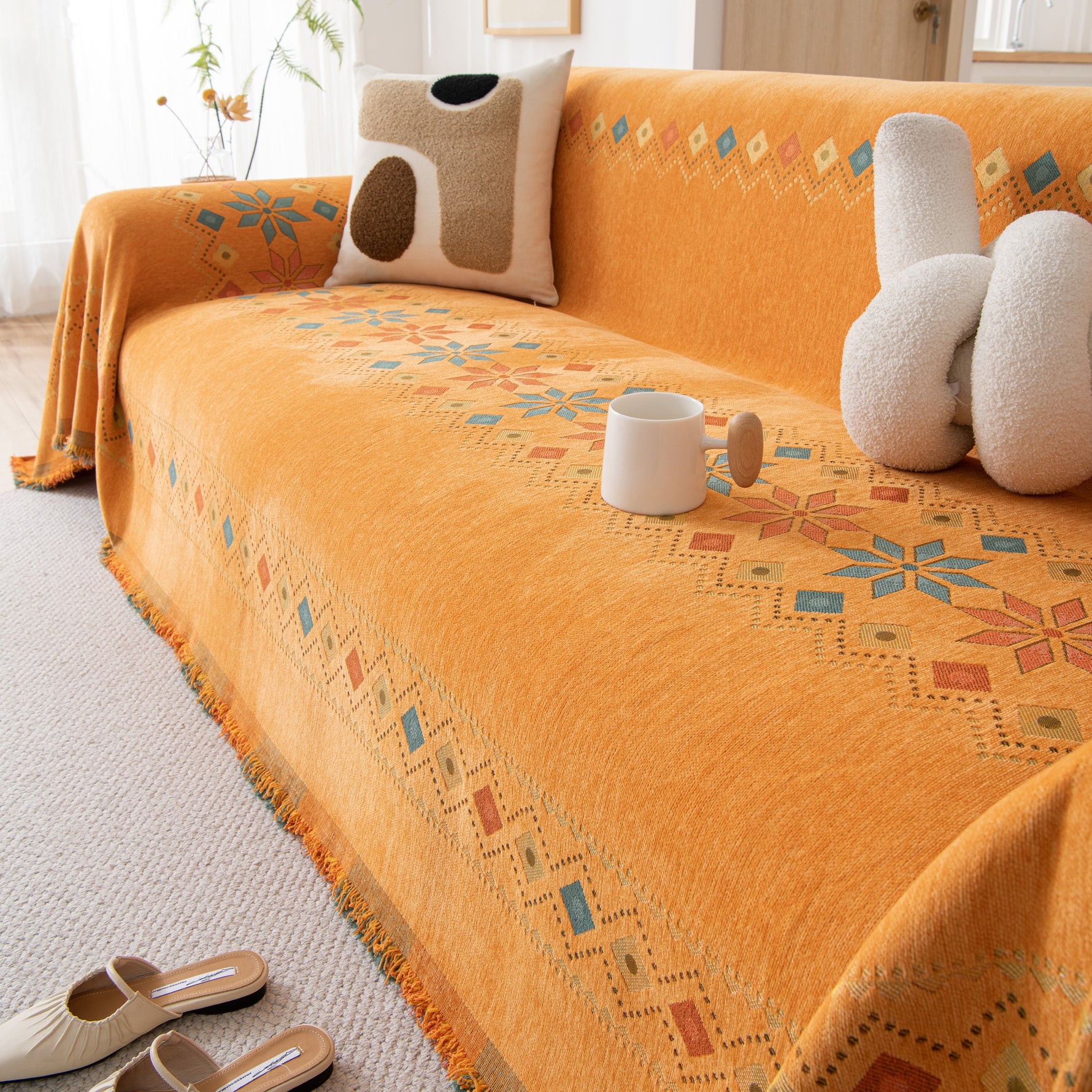 Bohemian Geometric Sofa Throw Cover, Cozy & Protective Ethnic-Inspired Couch Cover