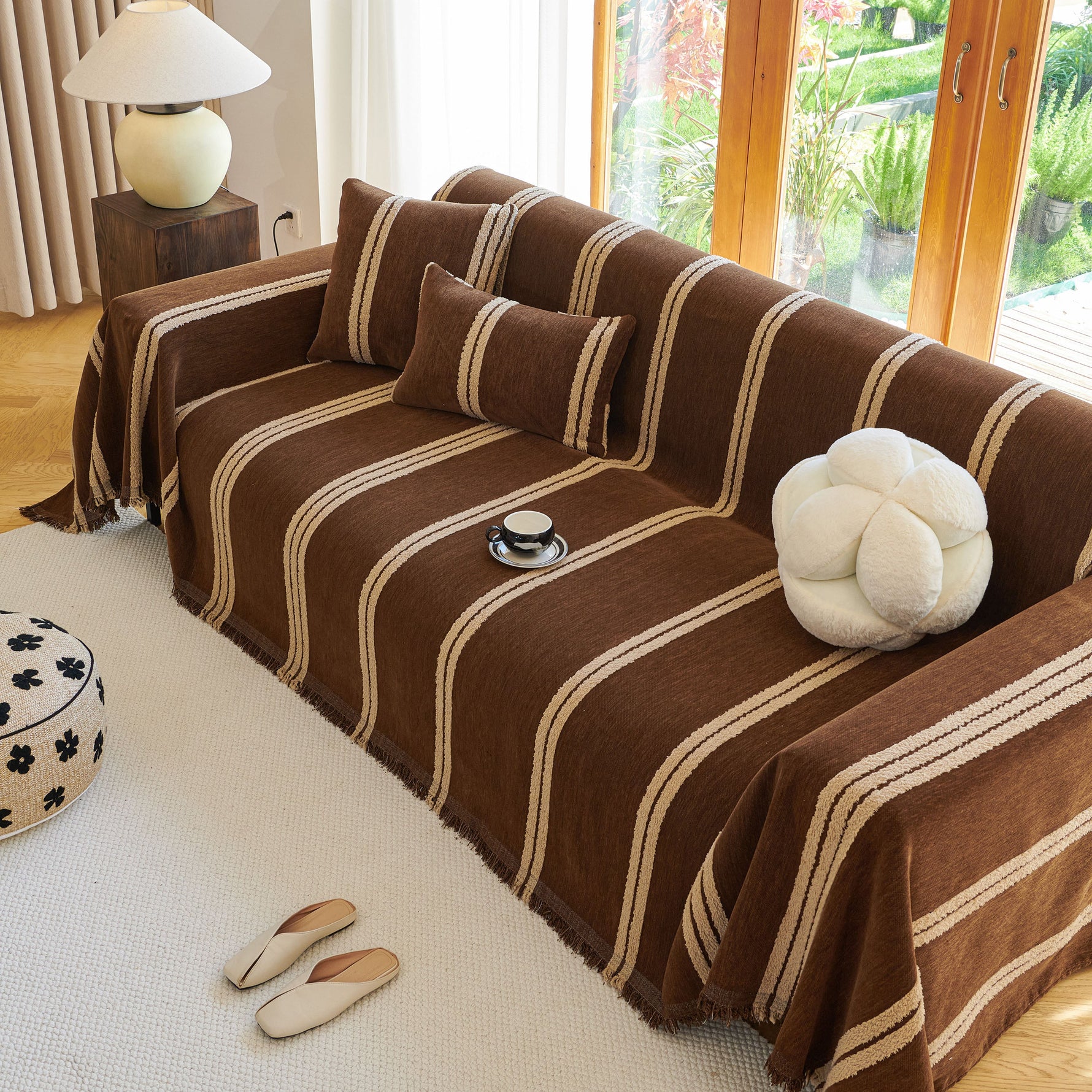 Textural Striped Chenille Sofa Covers, Boho Washable Decor Sofa Blankets Covers