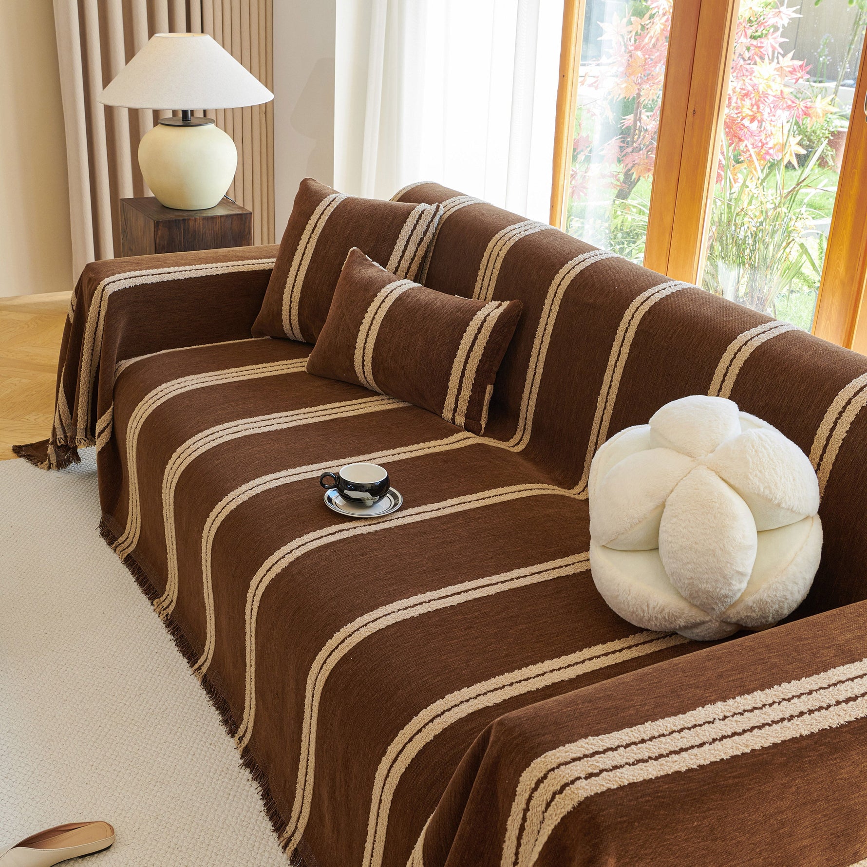 Textural Striped Chenille Sofa Covers, Boho Washable Decor Sofa Blankets Covers