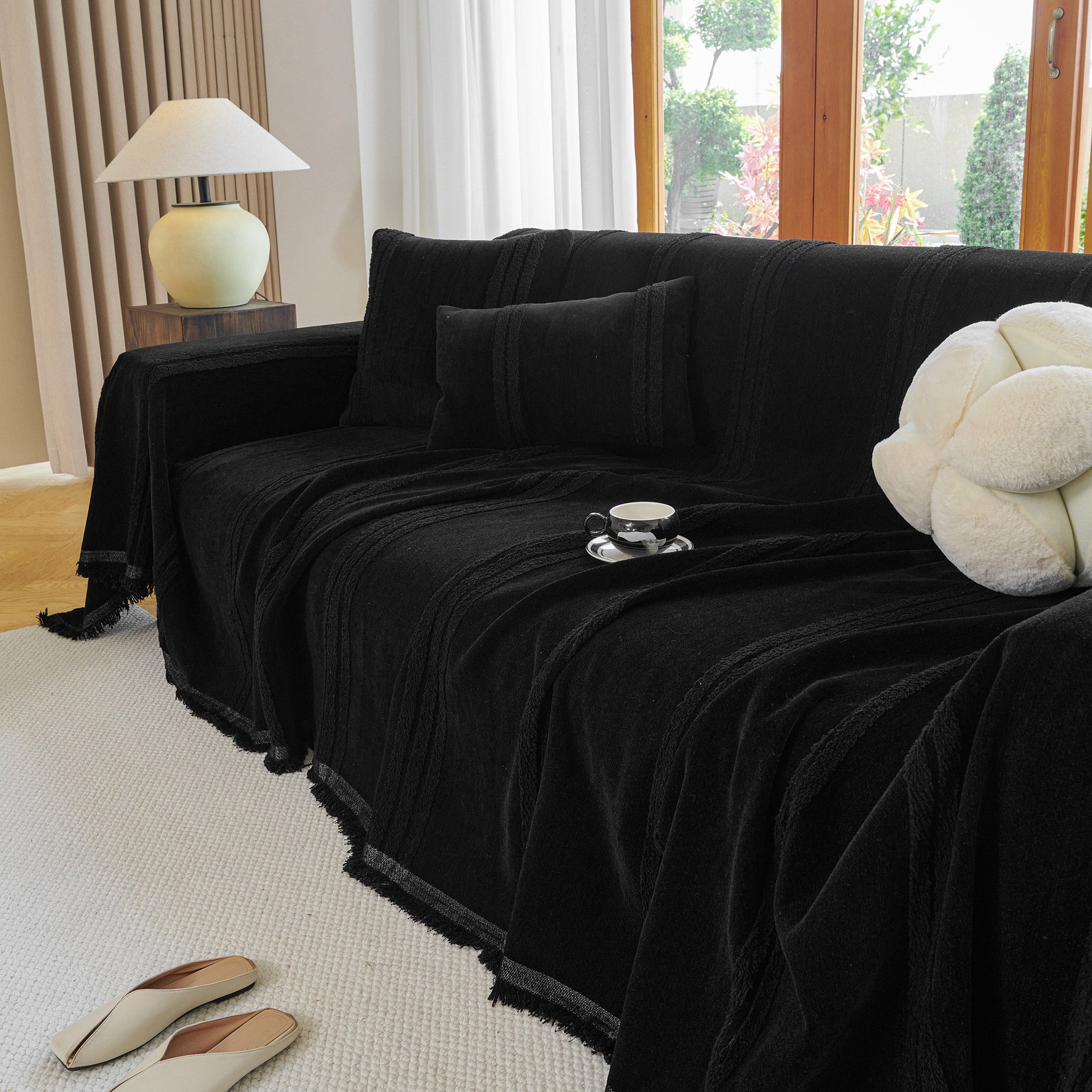 Textural Striped Chenille Sofa Covers, Boho Washable Decor Sofa Blankets Covers