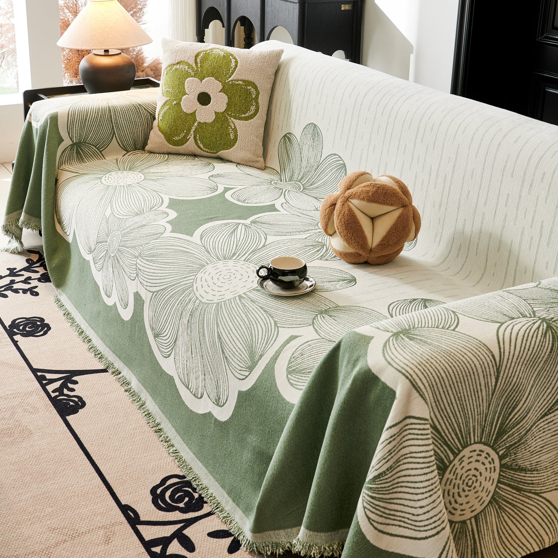 Floral Sofa Slipcovers Reversible Sofa Throw Covers with Tassels Pretty Furniture Covers for Sofas