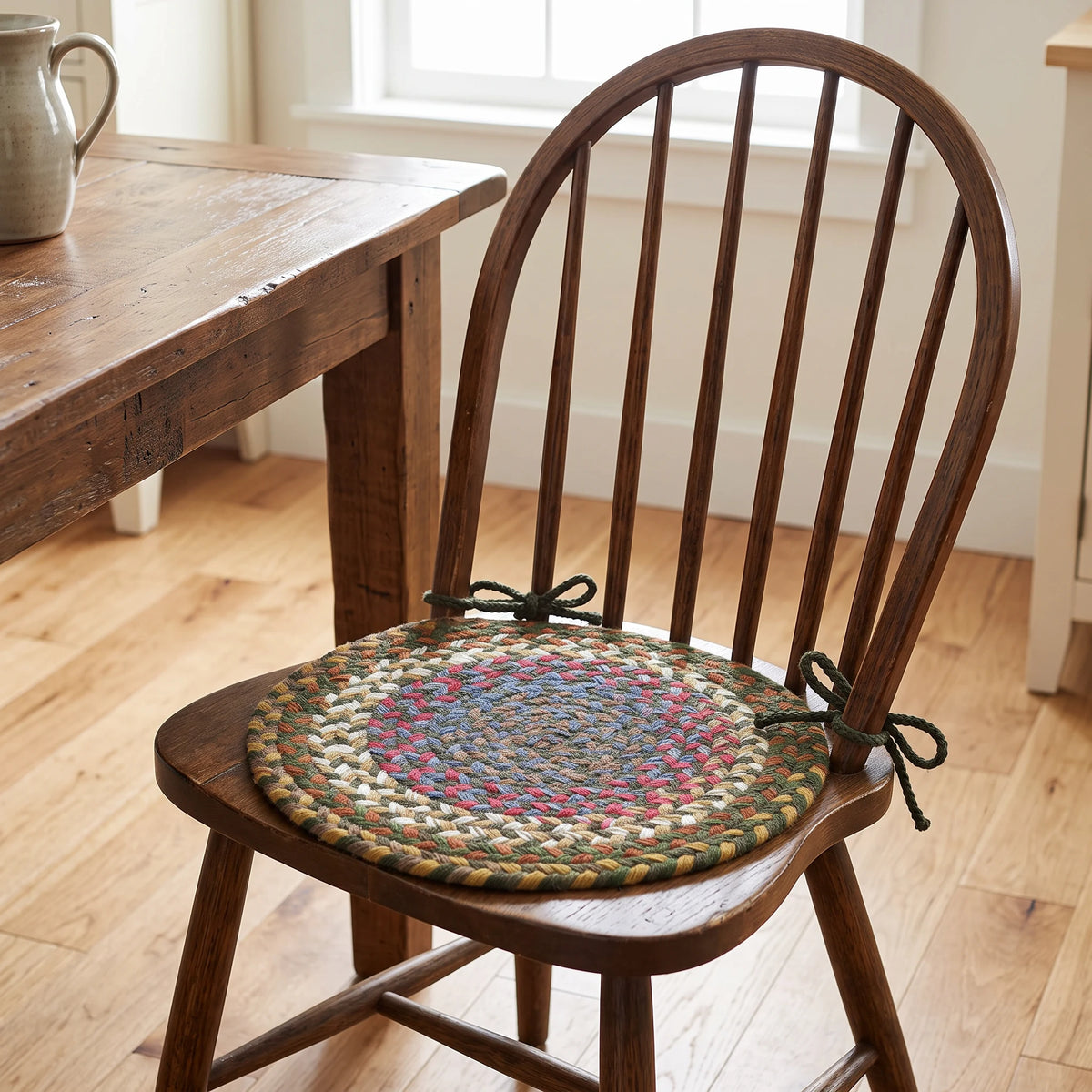 Gemstone Braided Chair Pad - Emerald - tied on a wooden Windsor dining chair