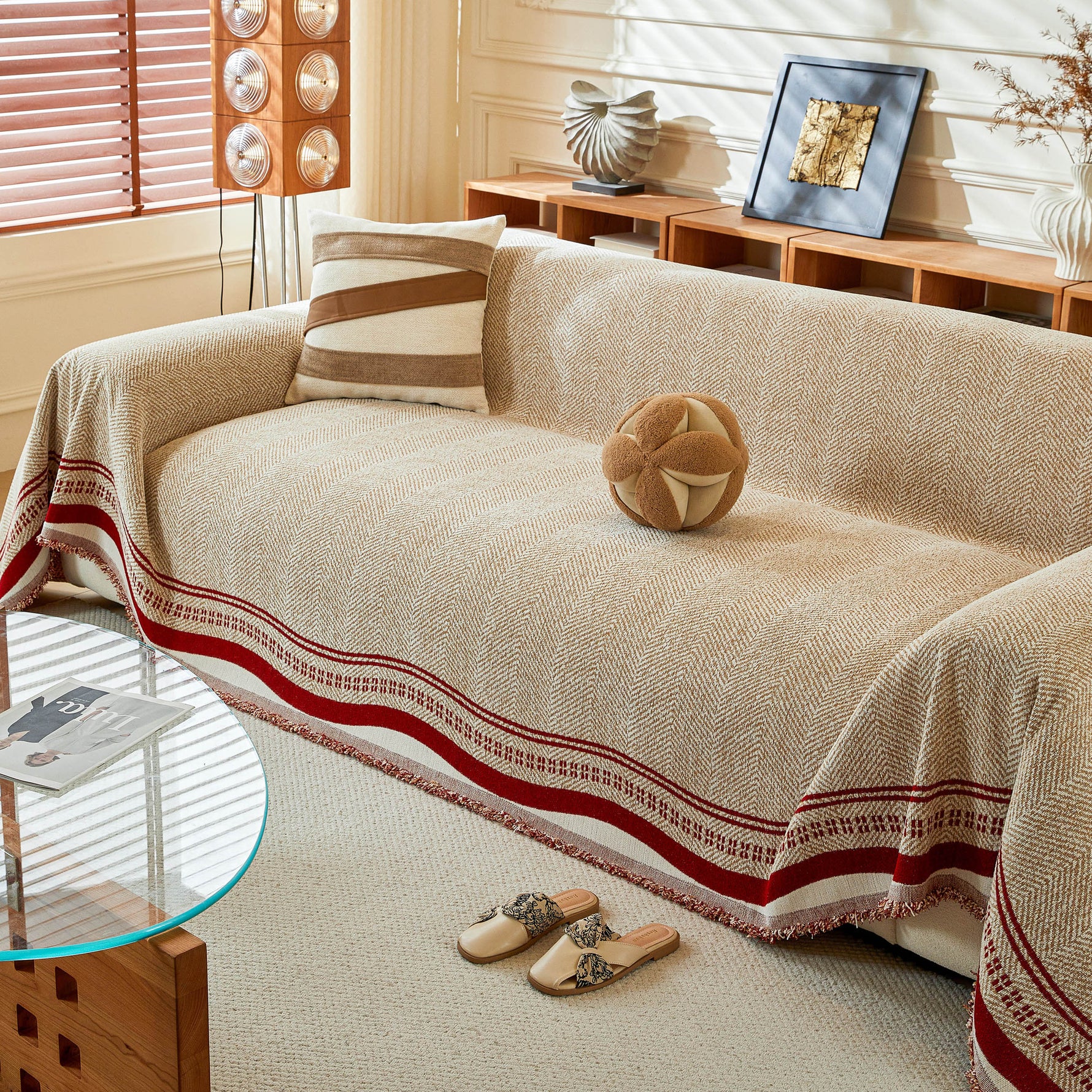 Reversible Herringbone Sofa Cover, 2-in-1 Classic British Throw Blanket for Couch