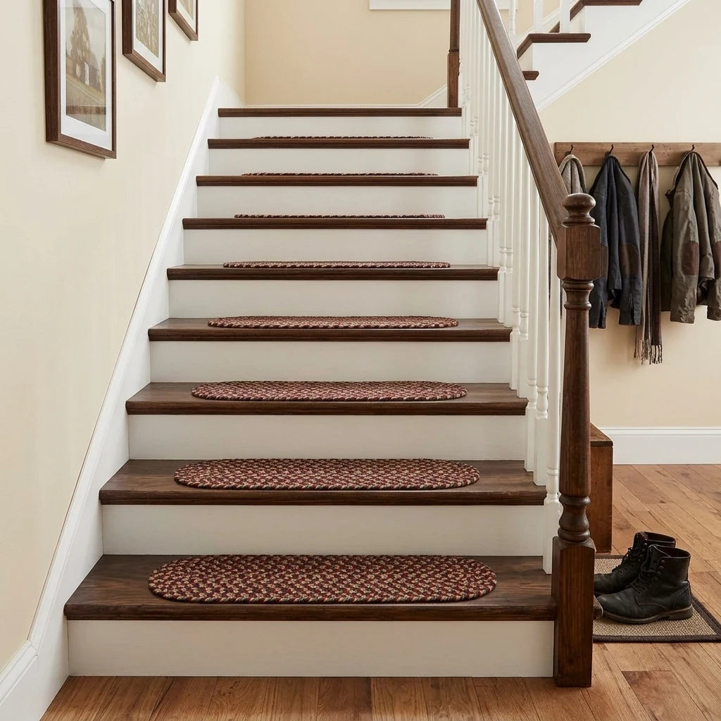 Hartford Braided Stair Treads - Spanish Red - on a wooden staircase