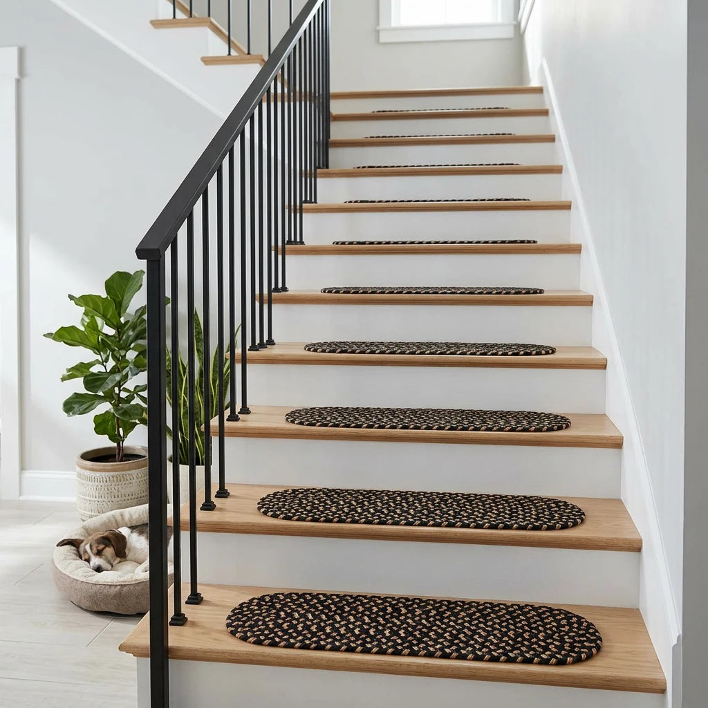Hartford Braided Stair Treads - Charcoal - on a wooden staircase