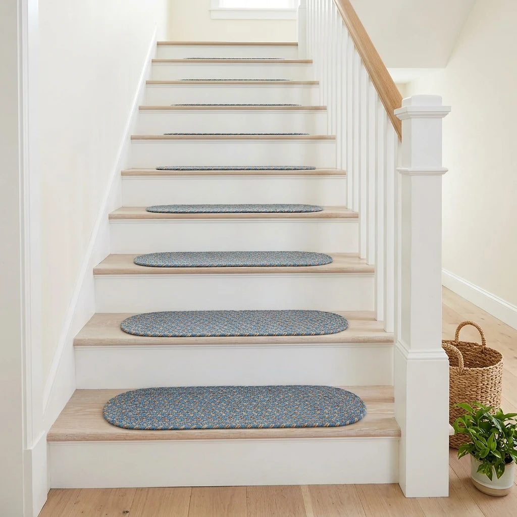 Hartford Braided Stair Treads - Blue Lake - on a wooden staircase