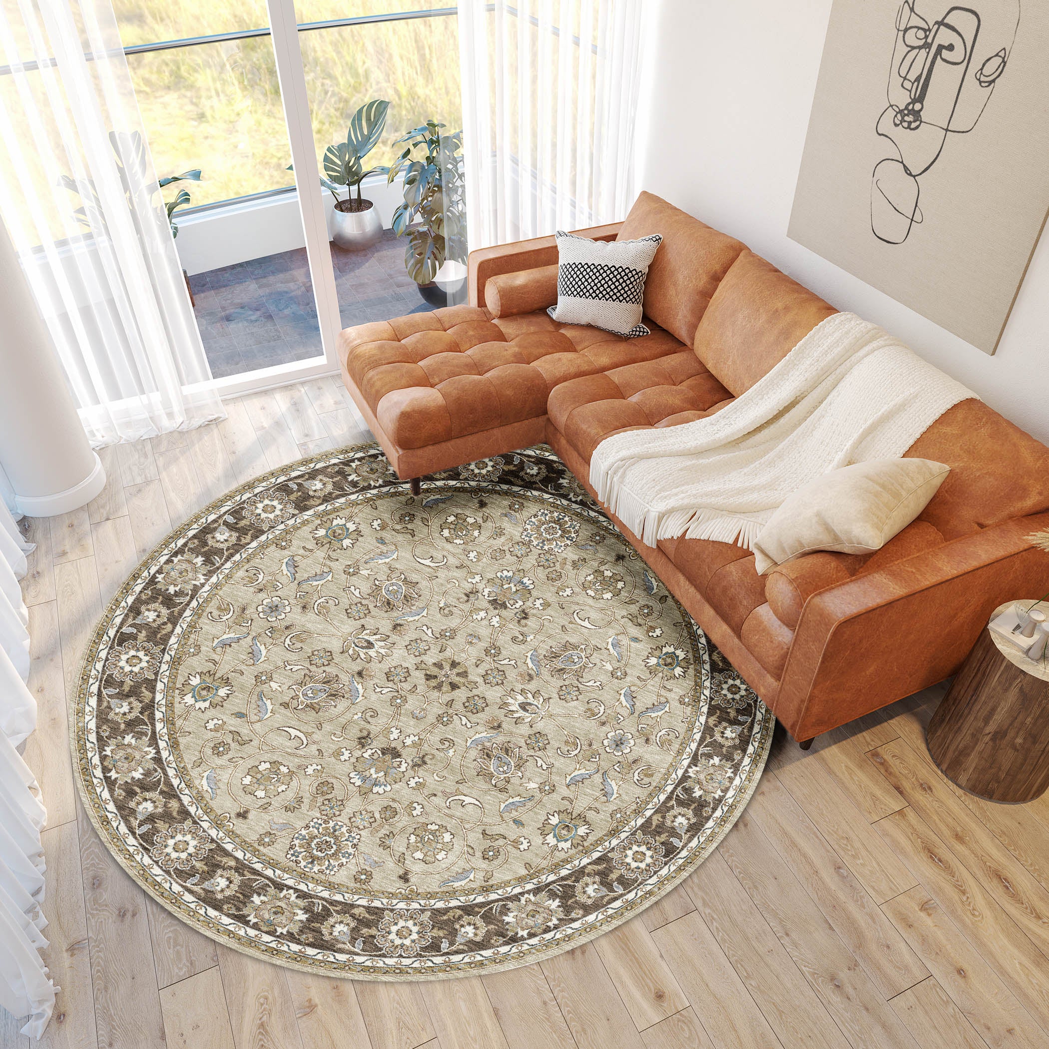 Luxury Washable Indoor/Outdoor traditional HY1 Beige Brown Rug 8' x 8' #shape_Round