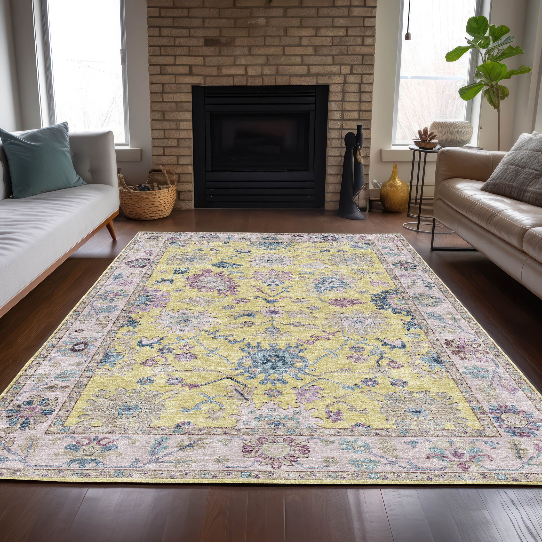 Luxury Washable Indoor/Outdoor traditional HY7 Yellow Gold Rug 1'8" x 2'6" #shape_Rectangle