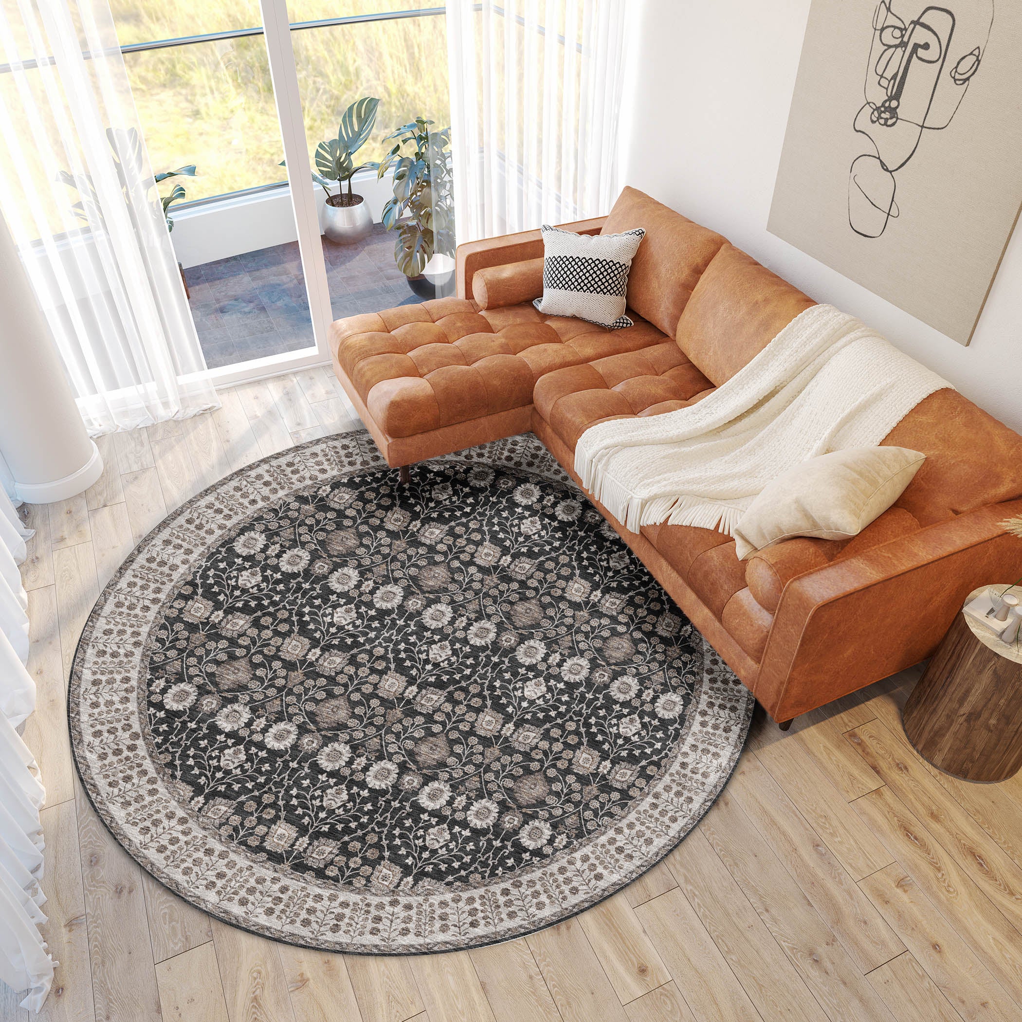 Luxury Washable Indoor/Outdoor traditional HY8 Black Rug 8' x 8' #shape_Round