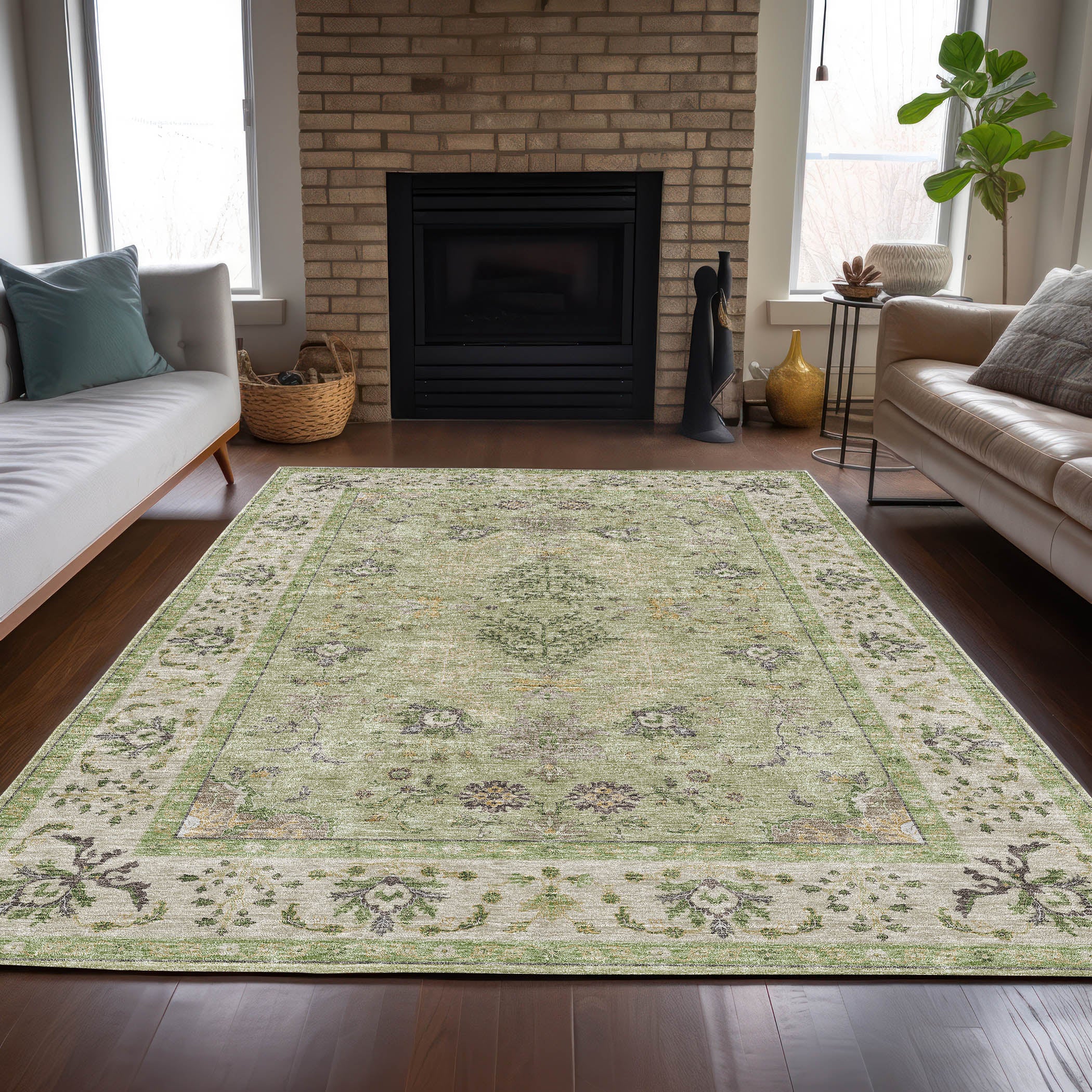 Luxury Washable Indoor/Outdoor traditional HY9 Aloe Green Rug 1'8" x 2'6" #shape_Rectangle