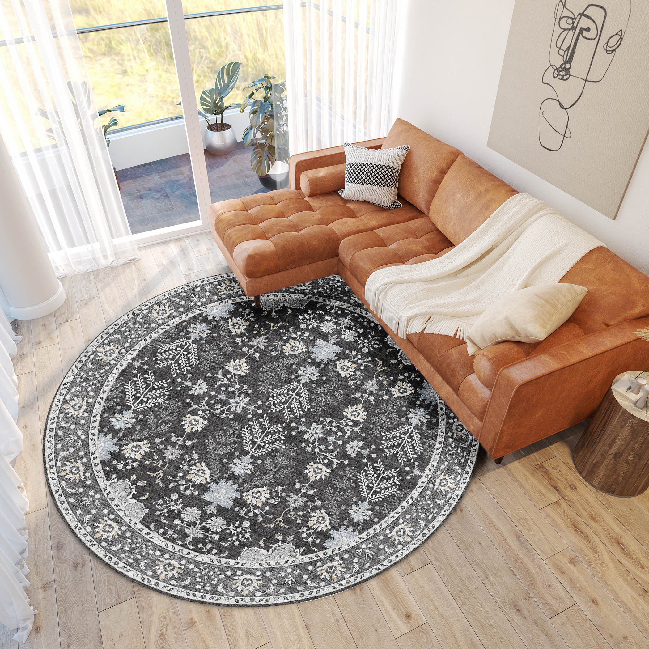 Luxury Washable Indoor/Outdoor traditional HY9 Charcoal Gray Rug 8' x 8' #shape_Round