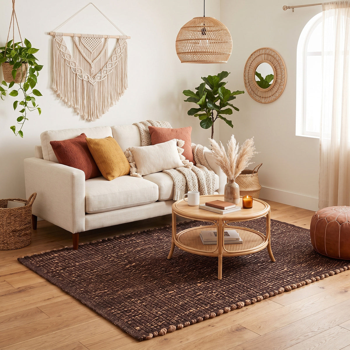 Terra brown jute and cotton rug, 4' x 6', in a living room