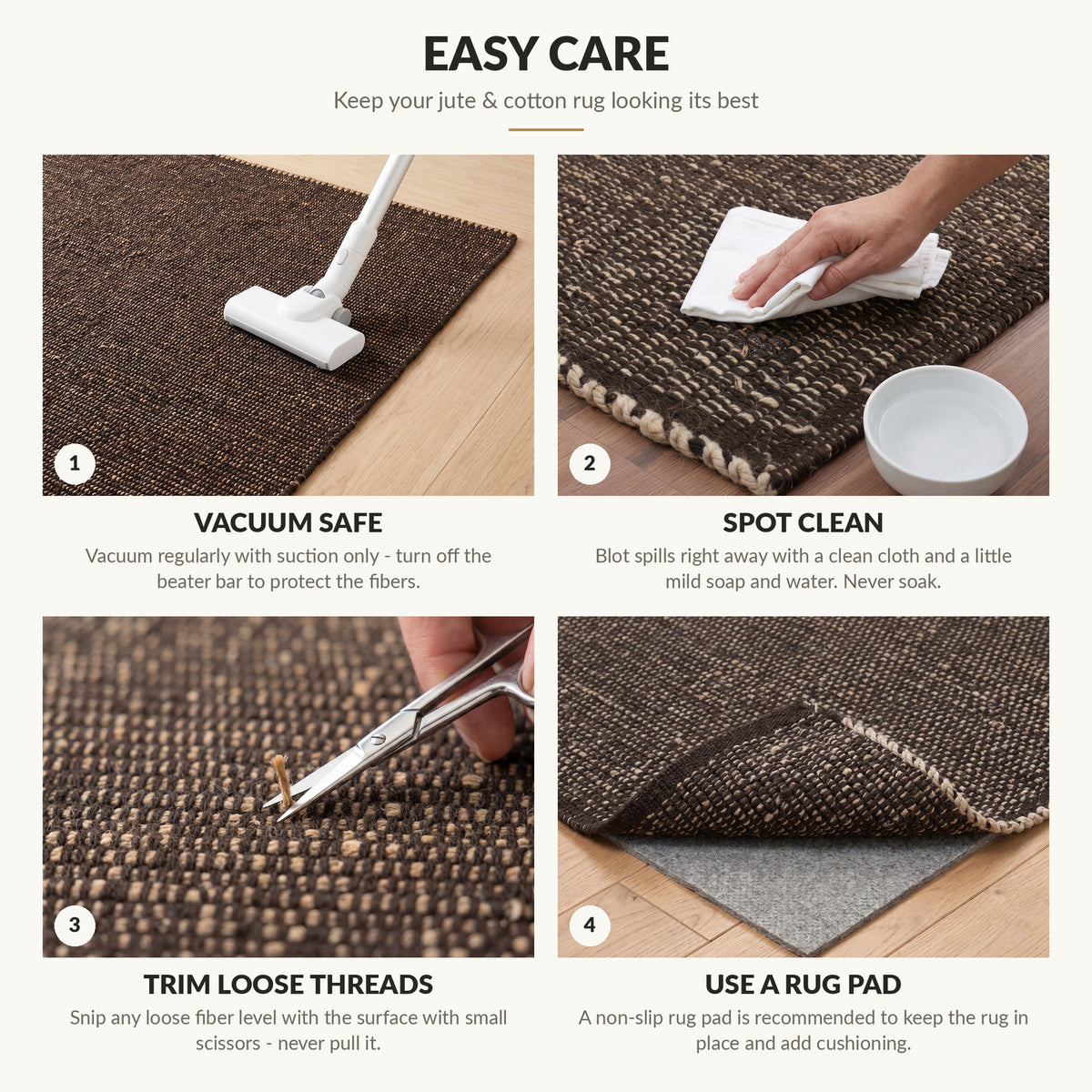 Easy care instructions for the jute and cotton rug