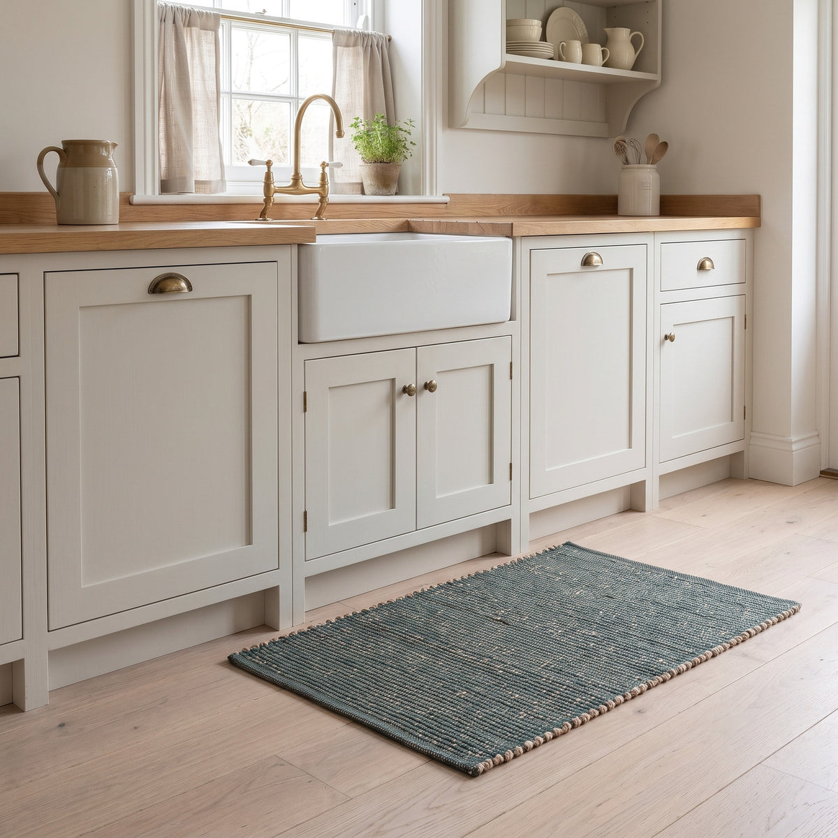 Terra green jute and cotton rug, 20" x 30", at a kitchen sink