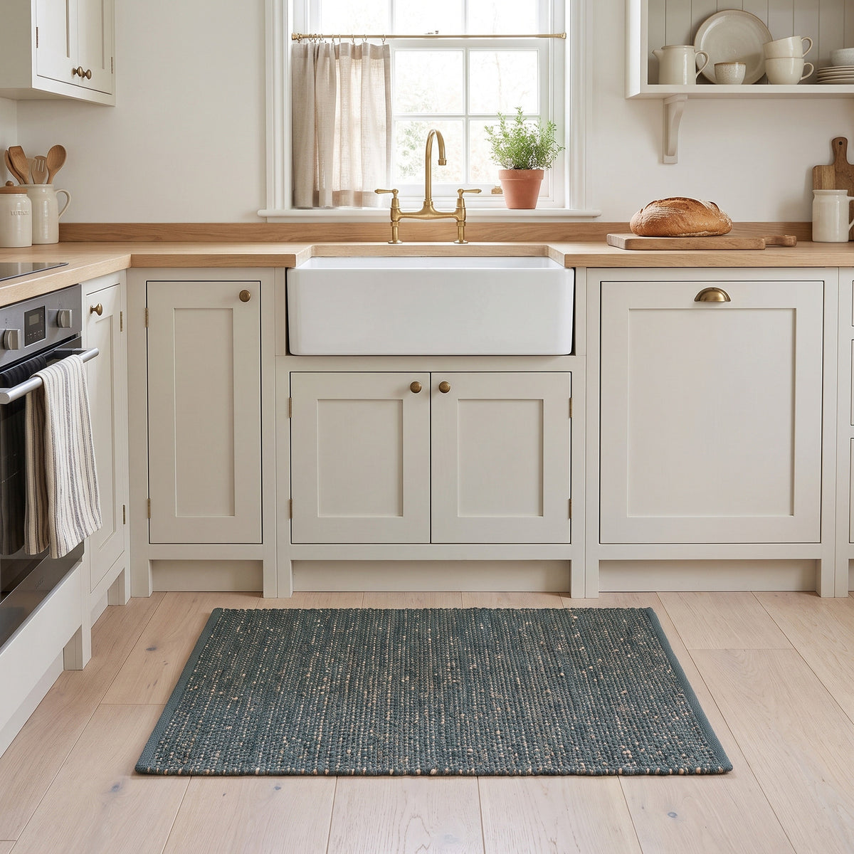 Terra green jute and cotton rug, 2' x 3', in a kitchen