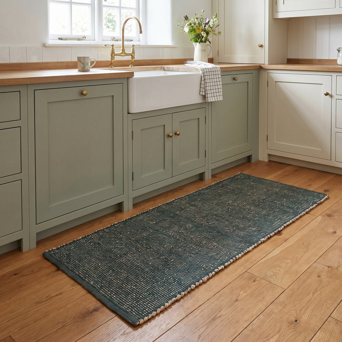 Terra green jute and cotton runner rug, 2' x 4', in a kitchen