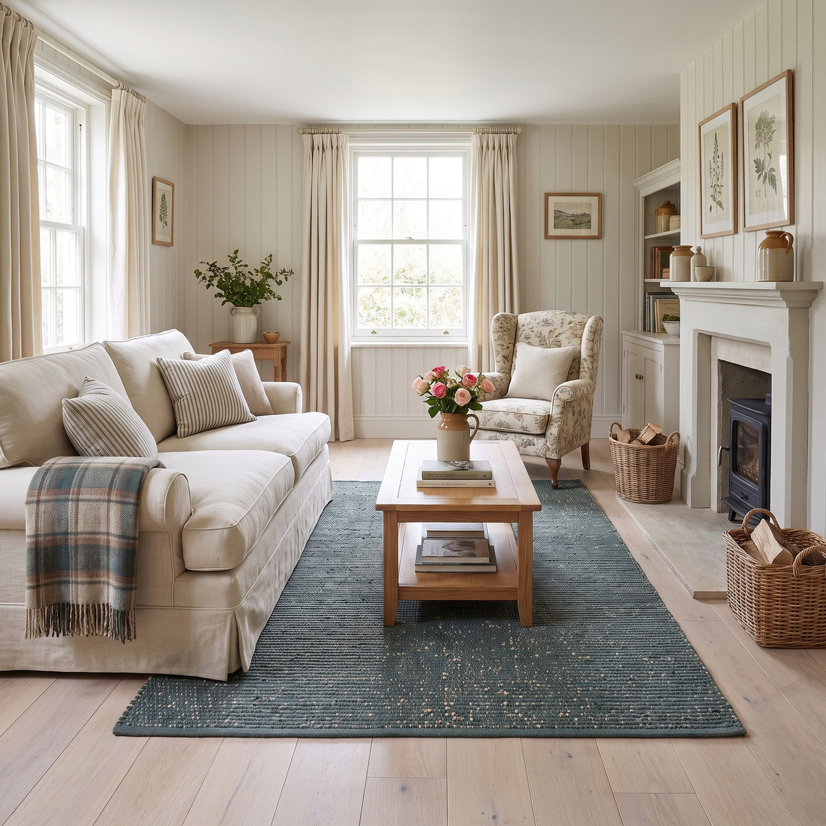 Terra green jute and cotton rug, 4' x 6', in a living room