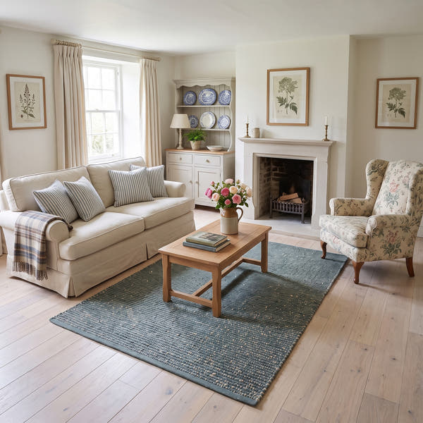 Terra green jute and cotton rug, 5' x 7', in a living room