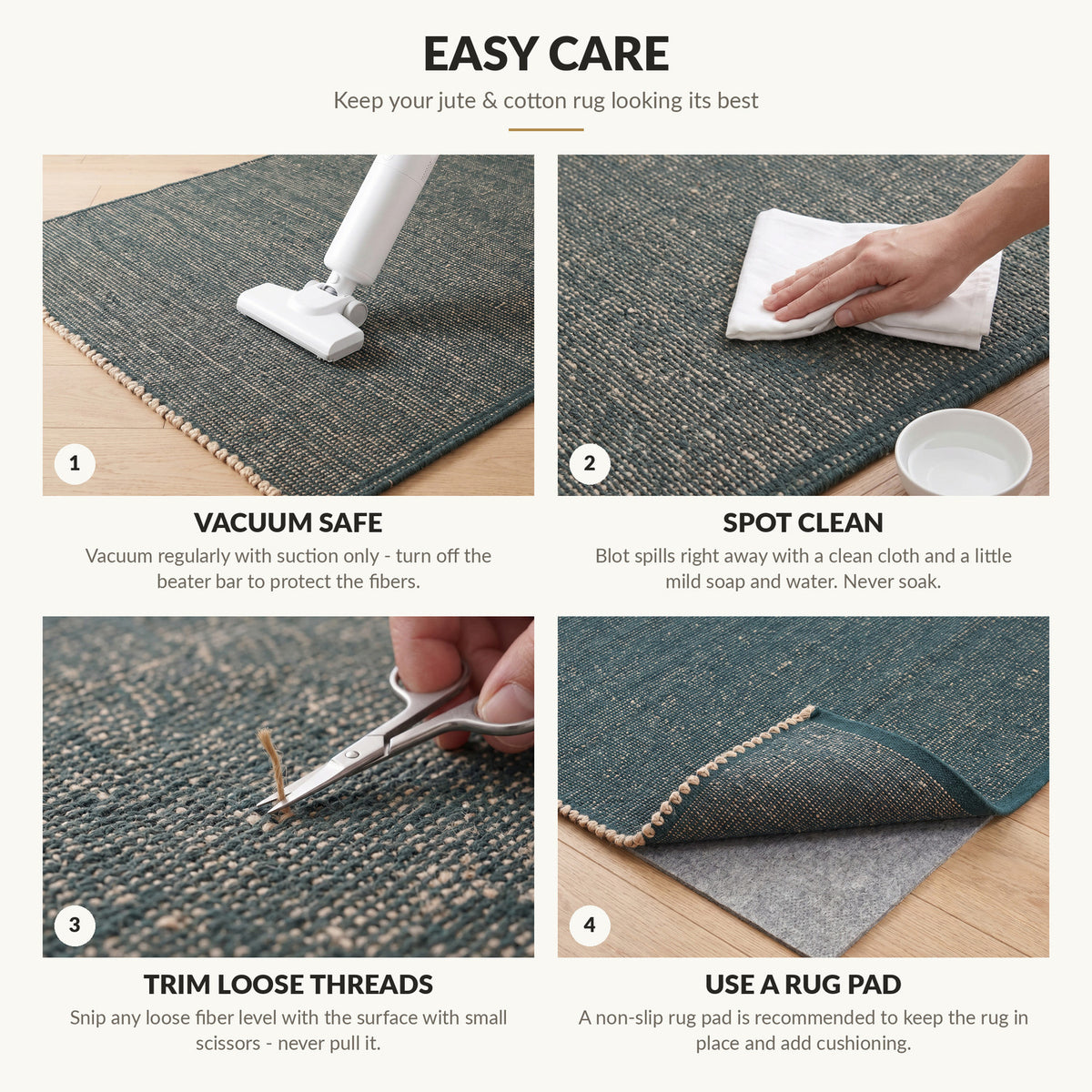 Easy care instructions for the jute and cotton rug