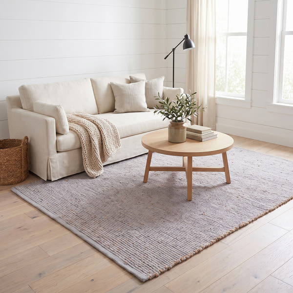 Terra light gray jute and cotton rug, 5' x 7', in a living room