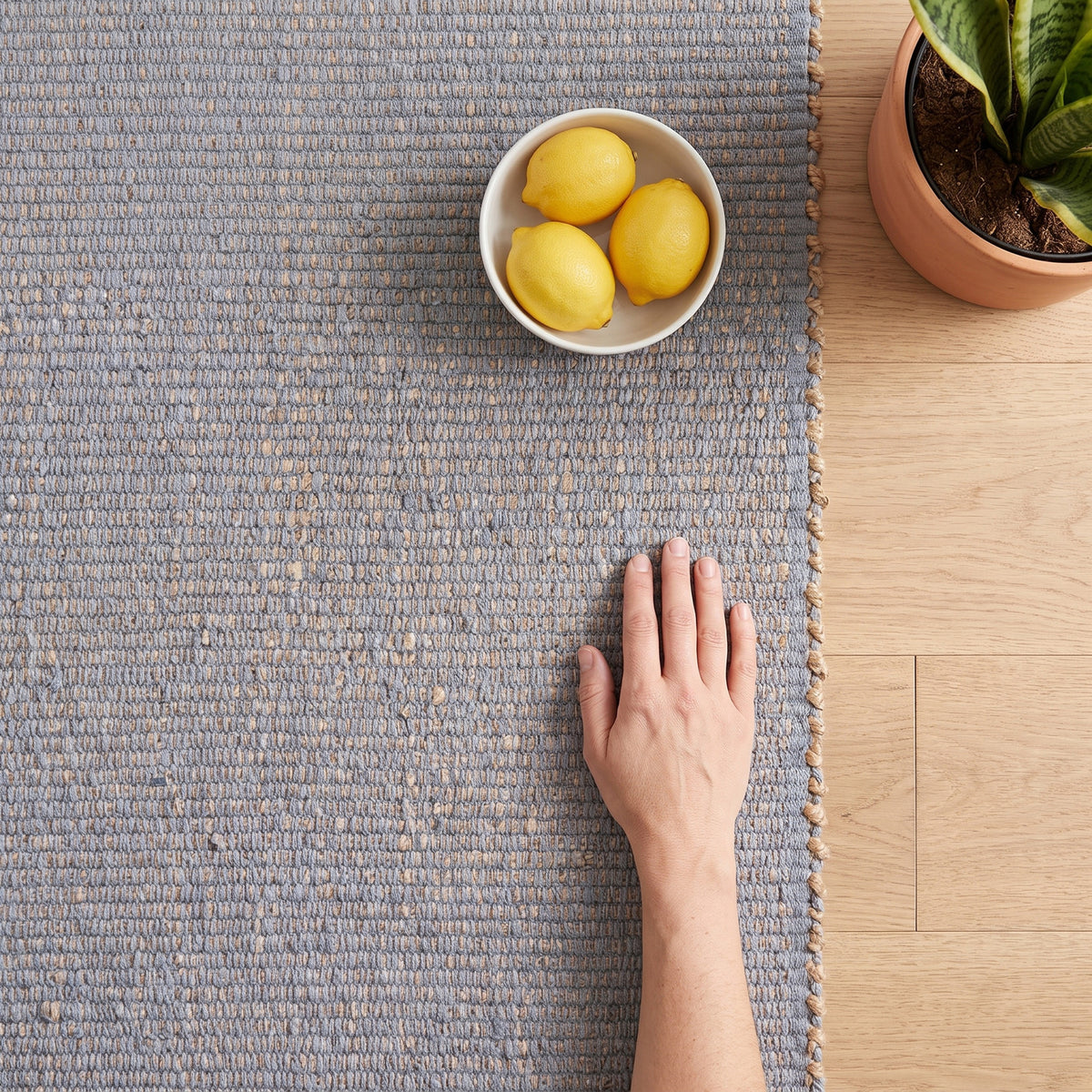 Terra light gray jute and cotton rug close-up showing the weave