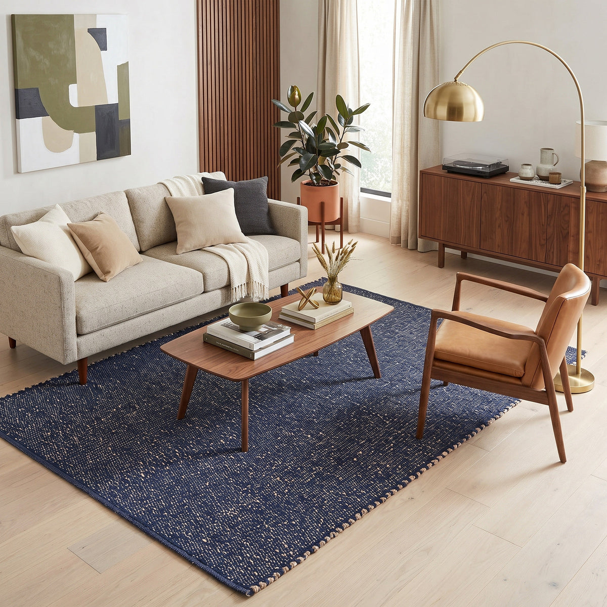 Terra navy jute and cotton rug, 4' x 6', in a mid-century modern living room