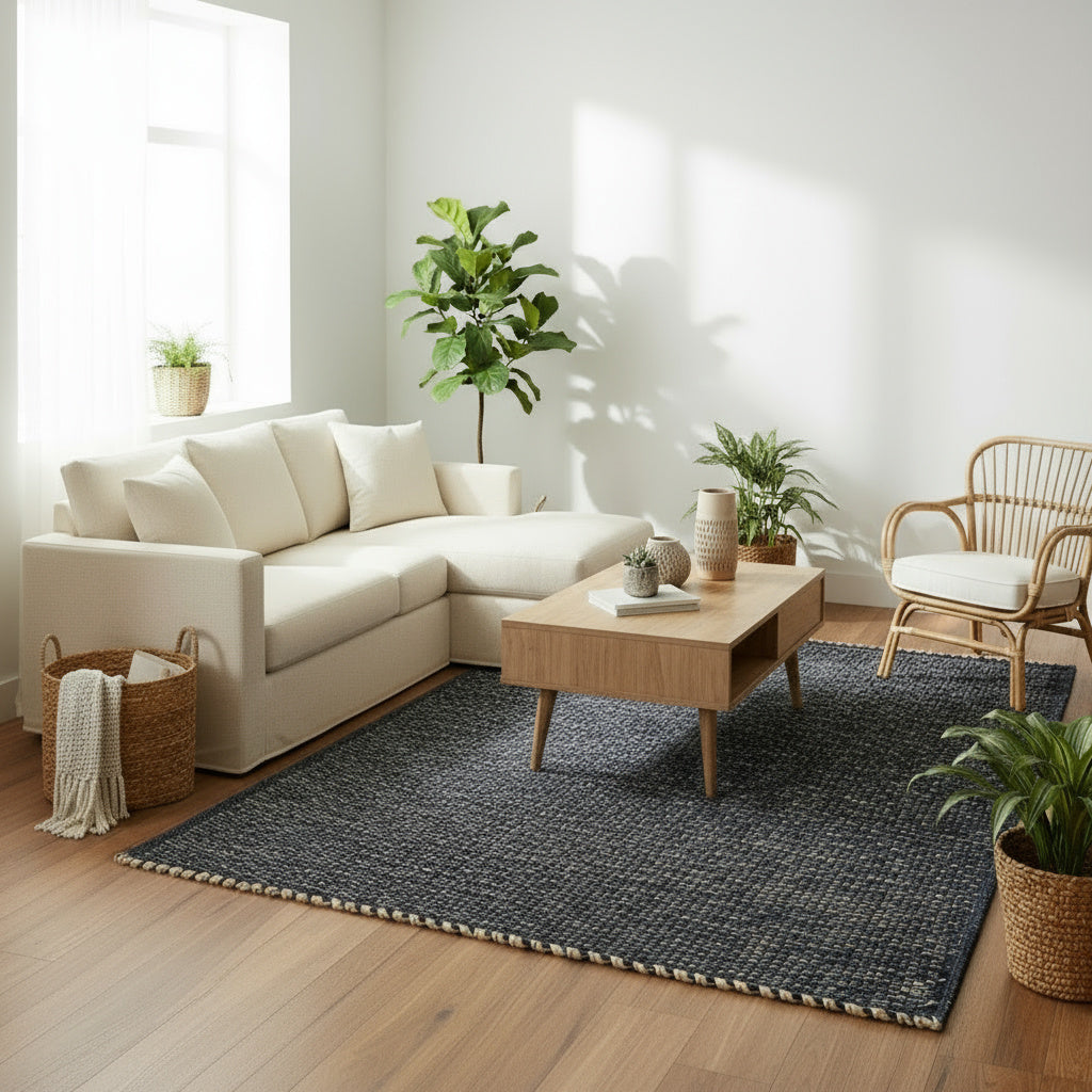 Navy Jute & Cotton Woven Rug – Reversible Natural Farmhouse Area Rug | Terra Collection