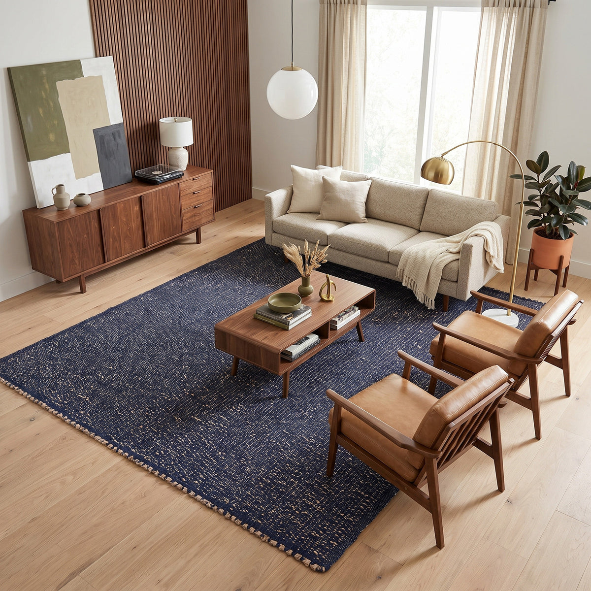 Terra navy jute and cotton rug, 8' x 10', in a mid-century modern living room