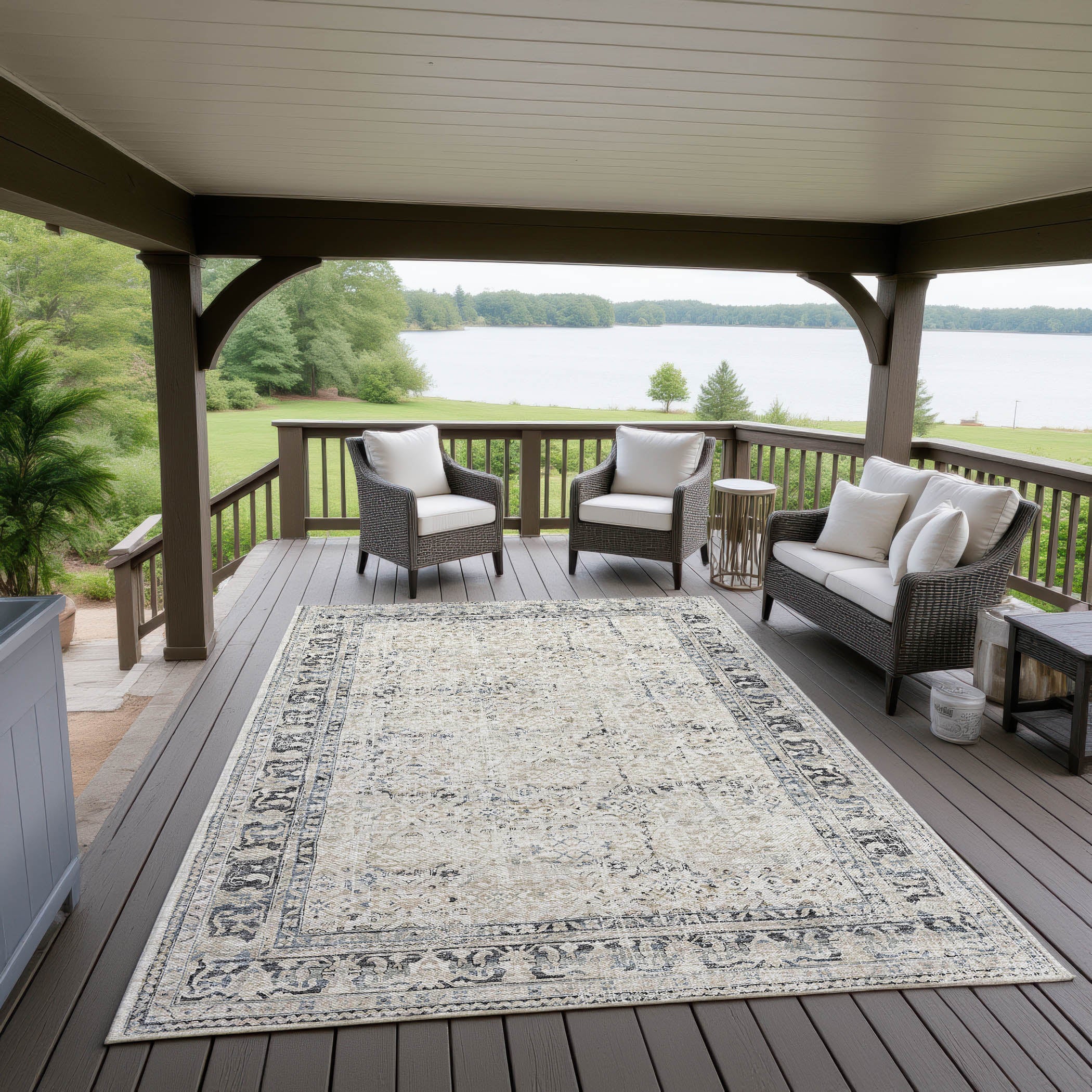 Indoor/Outdoor Traditional JC10 Taupe Blue Rug 3' x 5' #shape_Rectangle