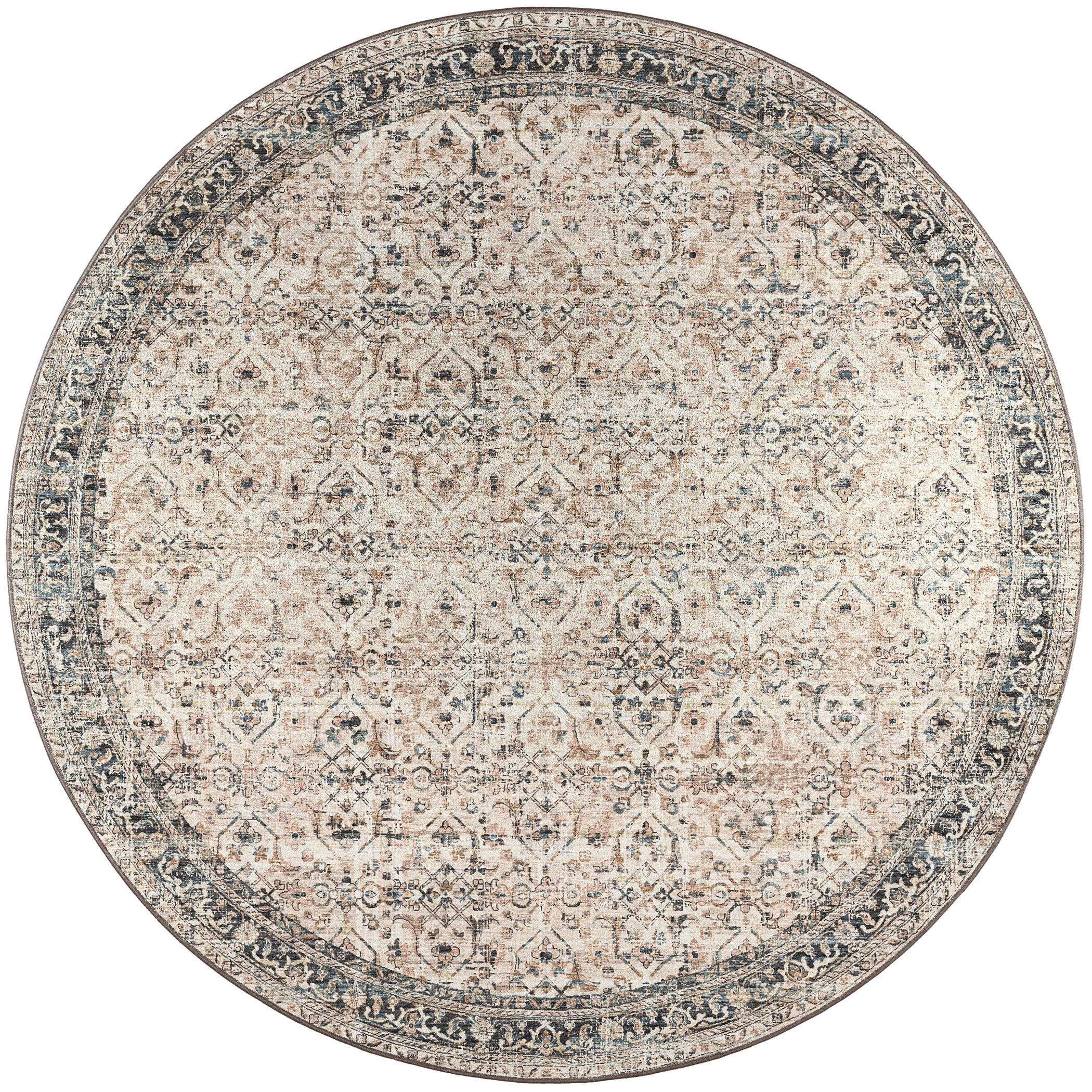 Indoor/Outdoor Traditional JC10 Taupe Blue Rug 4' x 4' #shape_Round