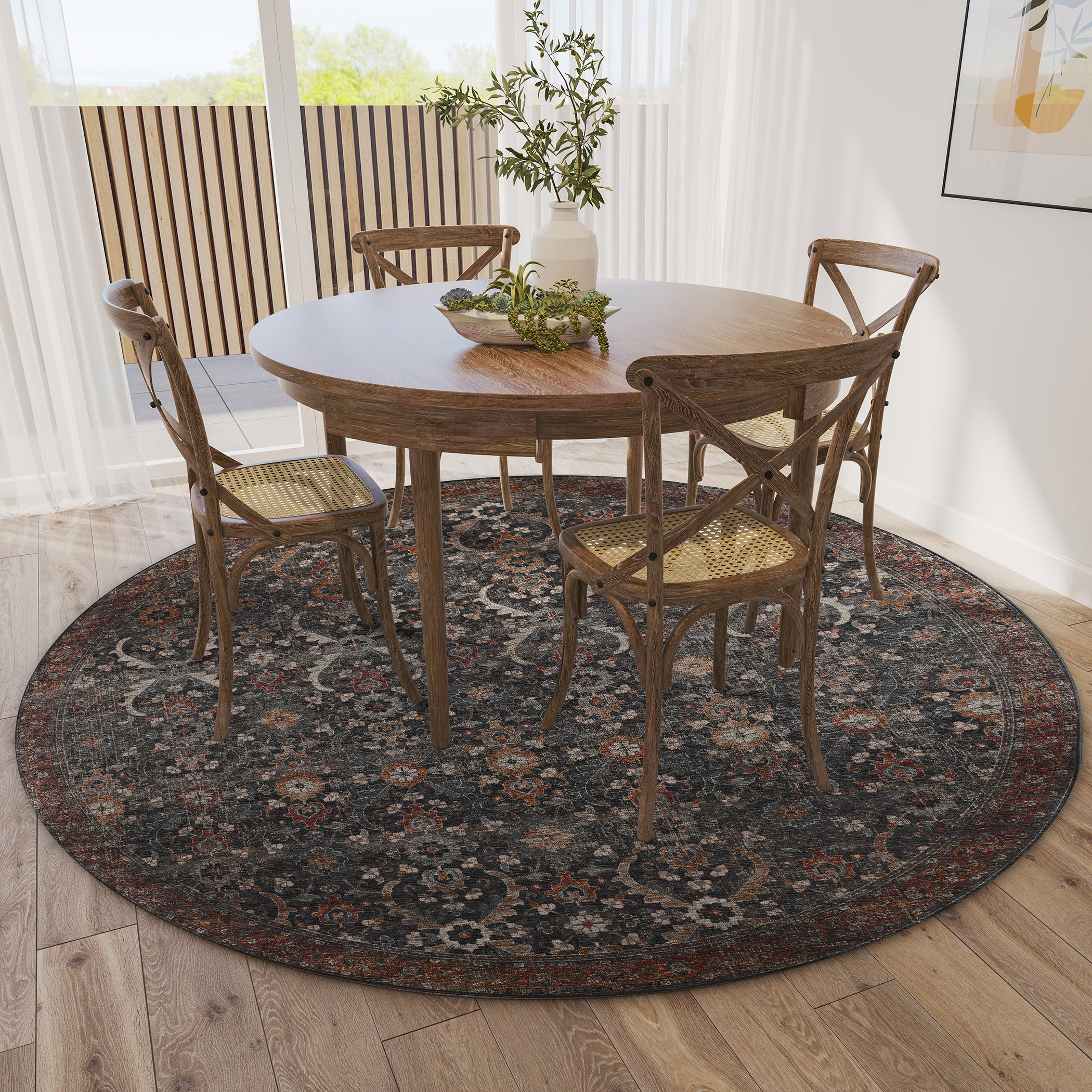 Indoor/Outdoor Traditional JC1 Charcoal Gray Rug 4' x 4' #shape_Round