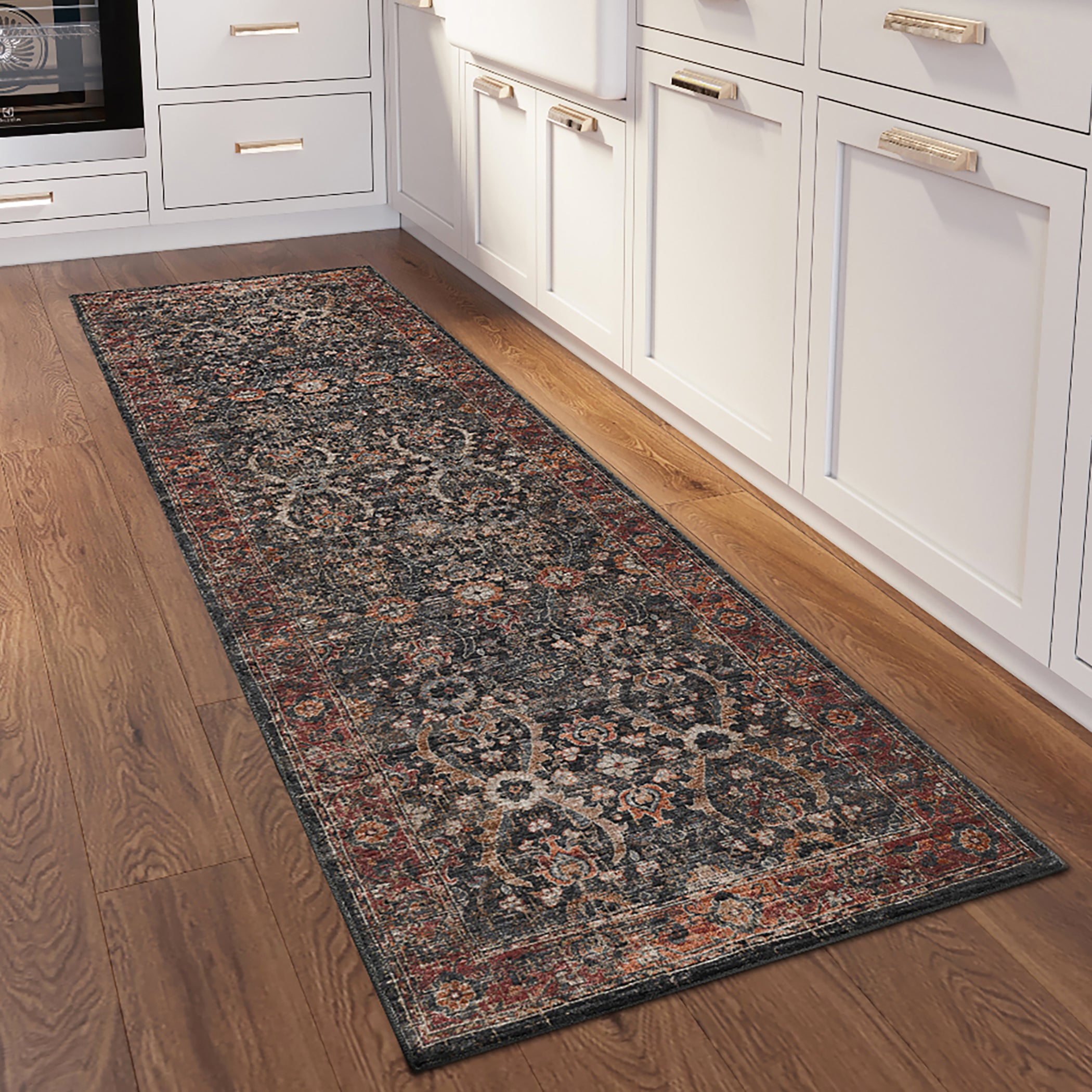 Indoor/Outdoor Traditional JC1 Charcoal Gray Rug 2'6" x 10' #shape_Runner