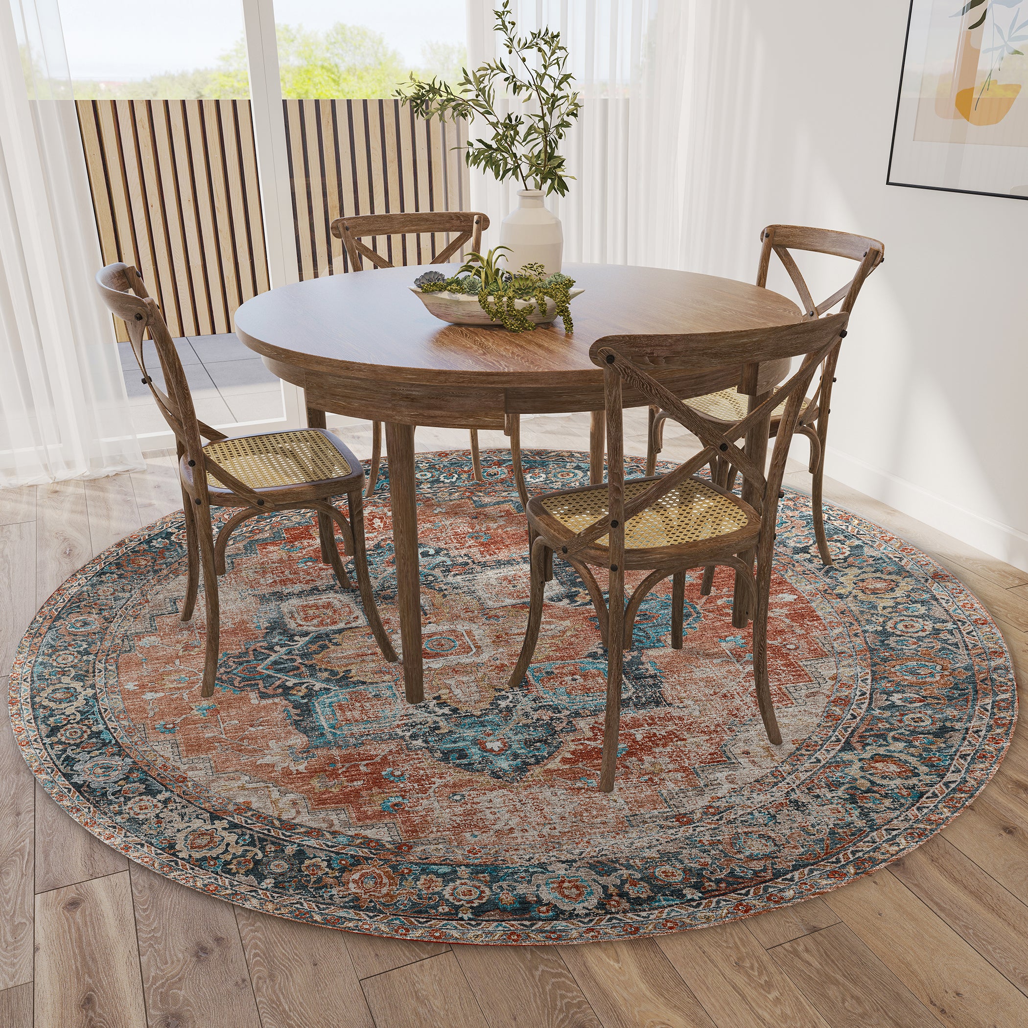 Indoor/Outdoor Traditional JC2 Spice Red Rug 4' x 4' #shape_Round