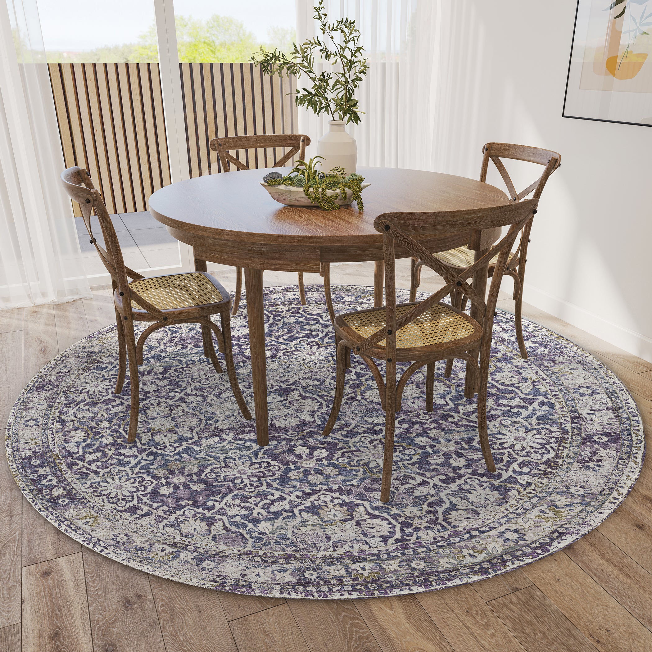 Indoor/Outdoor Traditional JC3 Violet Purple Rug 4' x 4' #shape_Round