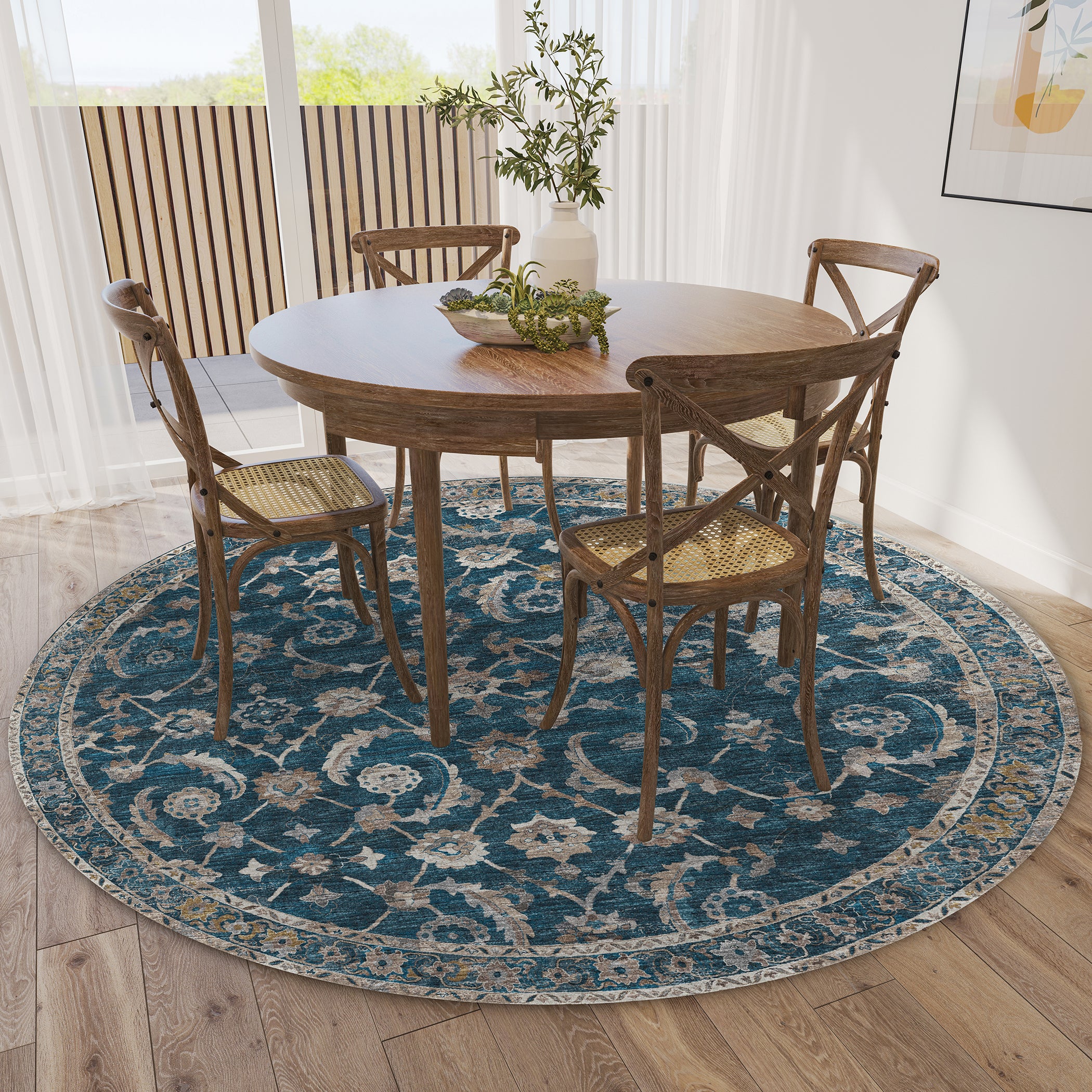 Indoor/Outdoor Traditional JC4 Navy Blue Rug 4' x 4' #shape_Round