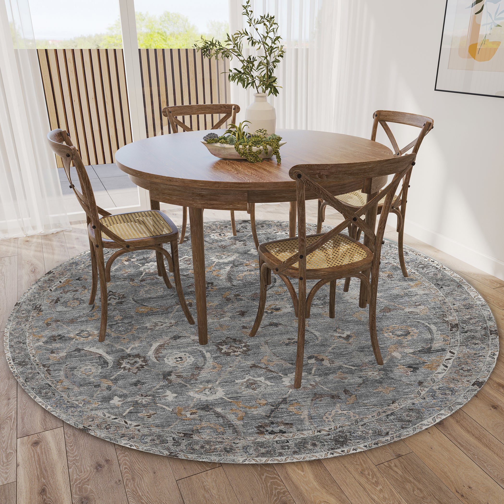 Indoor/Outdoor Traditional JC4 Silver Gray Rug 4' x 4' #shape_Round