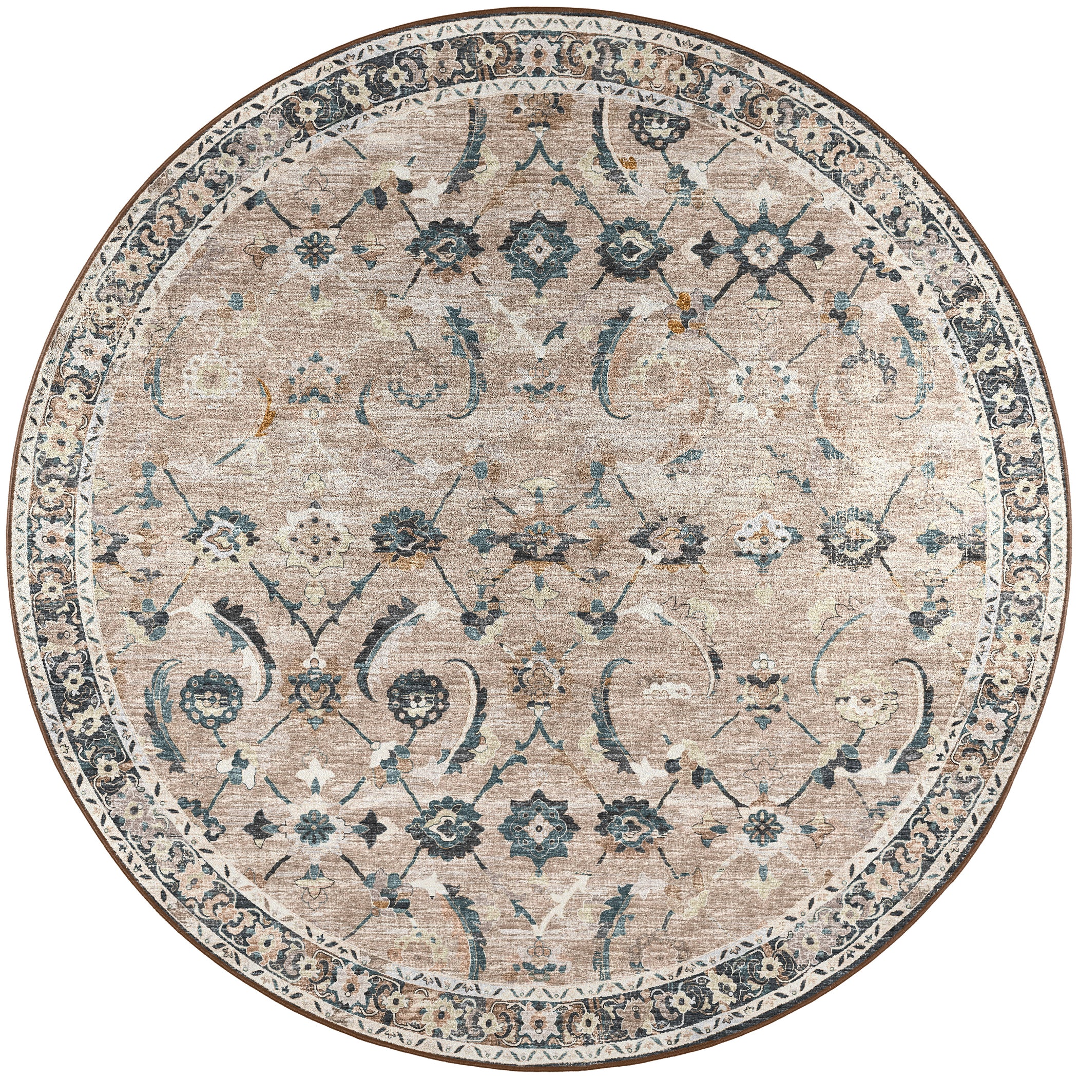 Indoor/Outdoor Traditional JC4 Taupe Blue Rug 4' x 4' #shape_Round