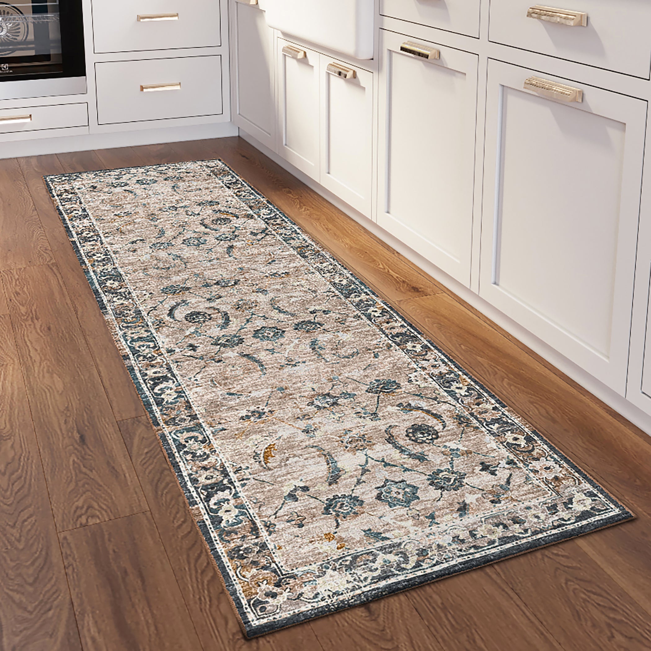 Indoor/Outdoor Traditional JC4 Taupe Blue Rug 2'6" x 10' #shape_Runner
