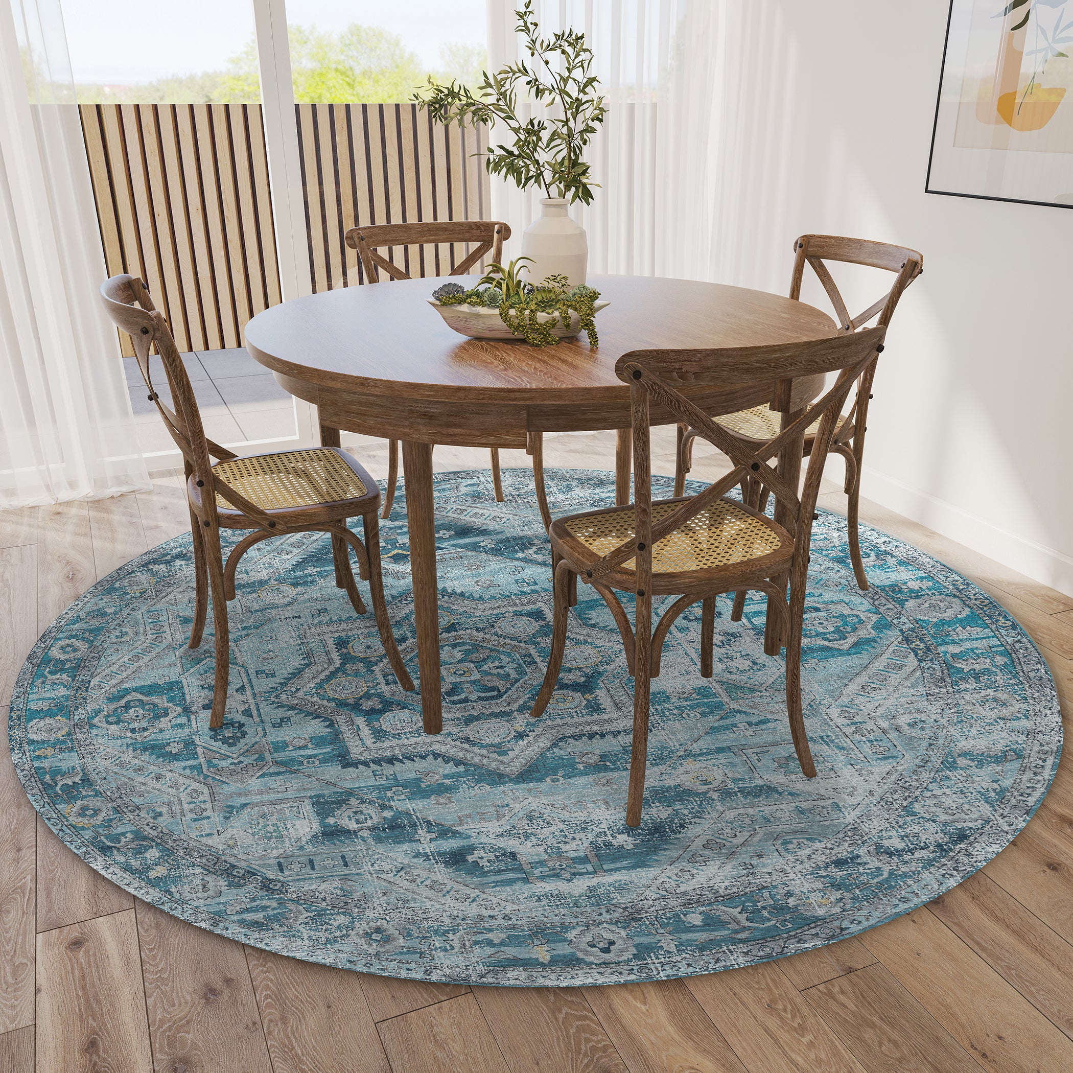 Indoor/Outdoor Traditional JC5 Denim Blue Rug 4' x 4' #shape_Round