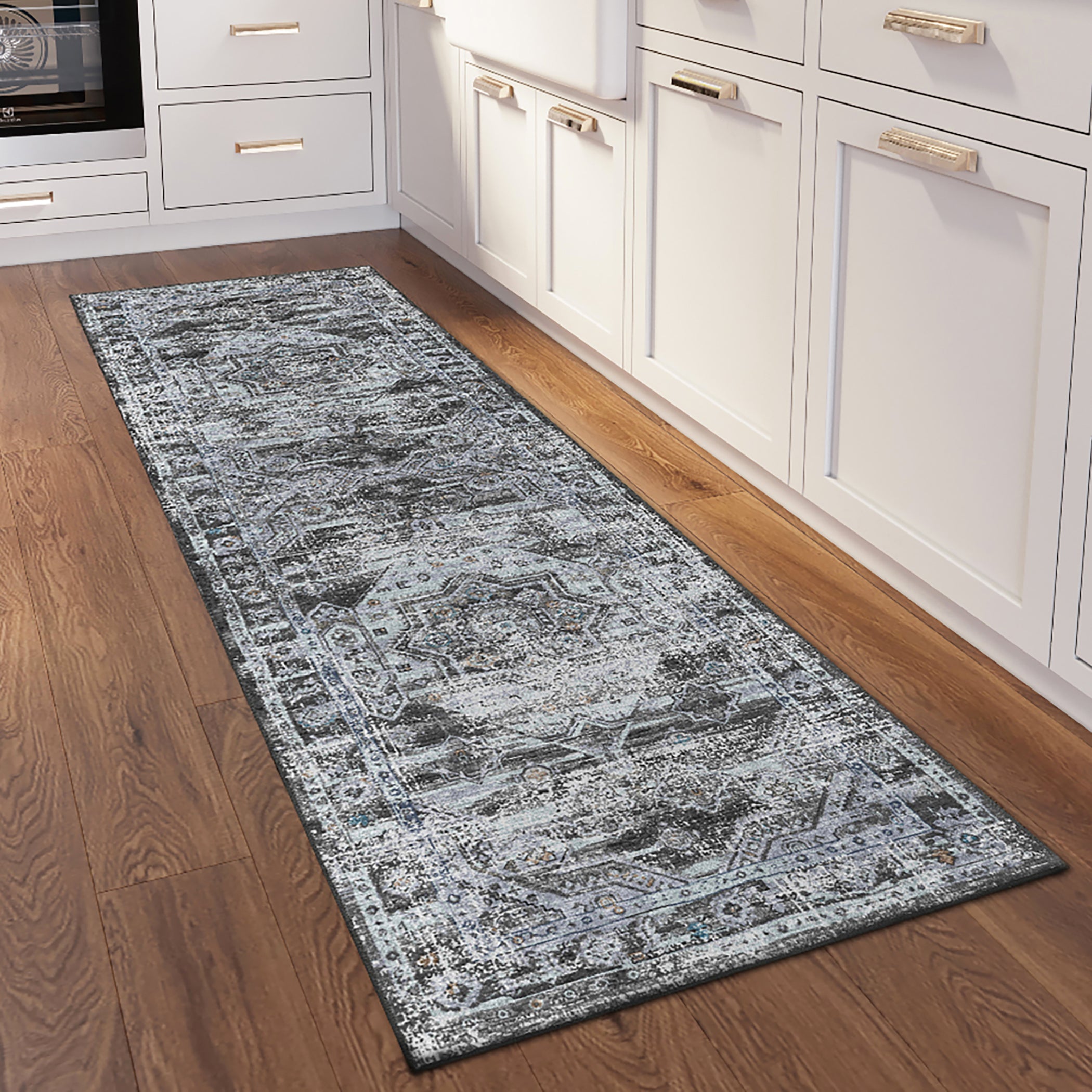 Indoor/Outdoor Traditional JC5 Steel Gray Rug 2'6" x 10' #shape_Runner