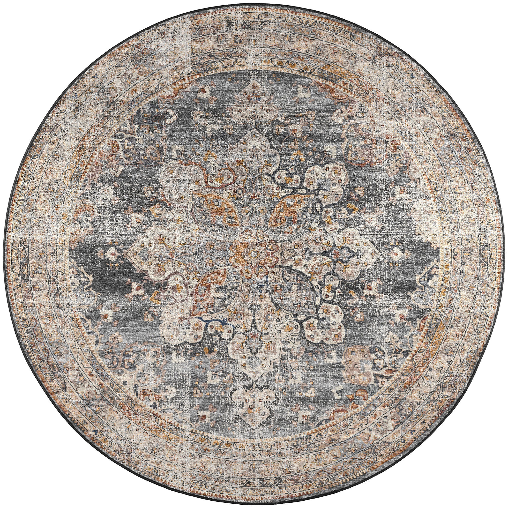 Indoor/Outdoor Traditional JC6 Charcoal Gray Rug 4' x 4' #shape_Round