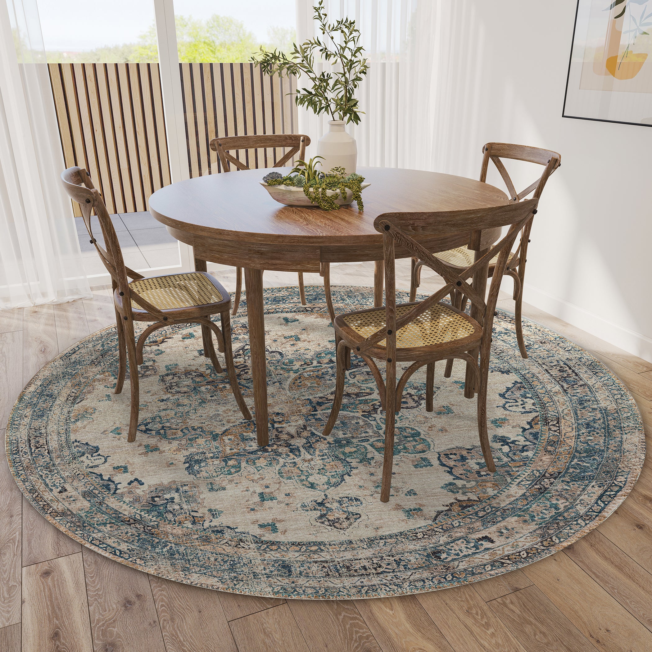 Indoor/Outdoor Traditional JC6 Linen Blue Rug 4' x 4' #shape_Round