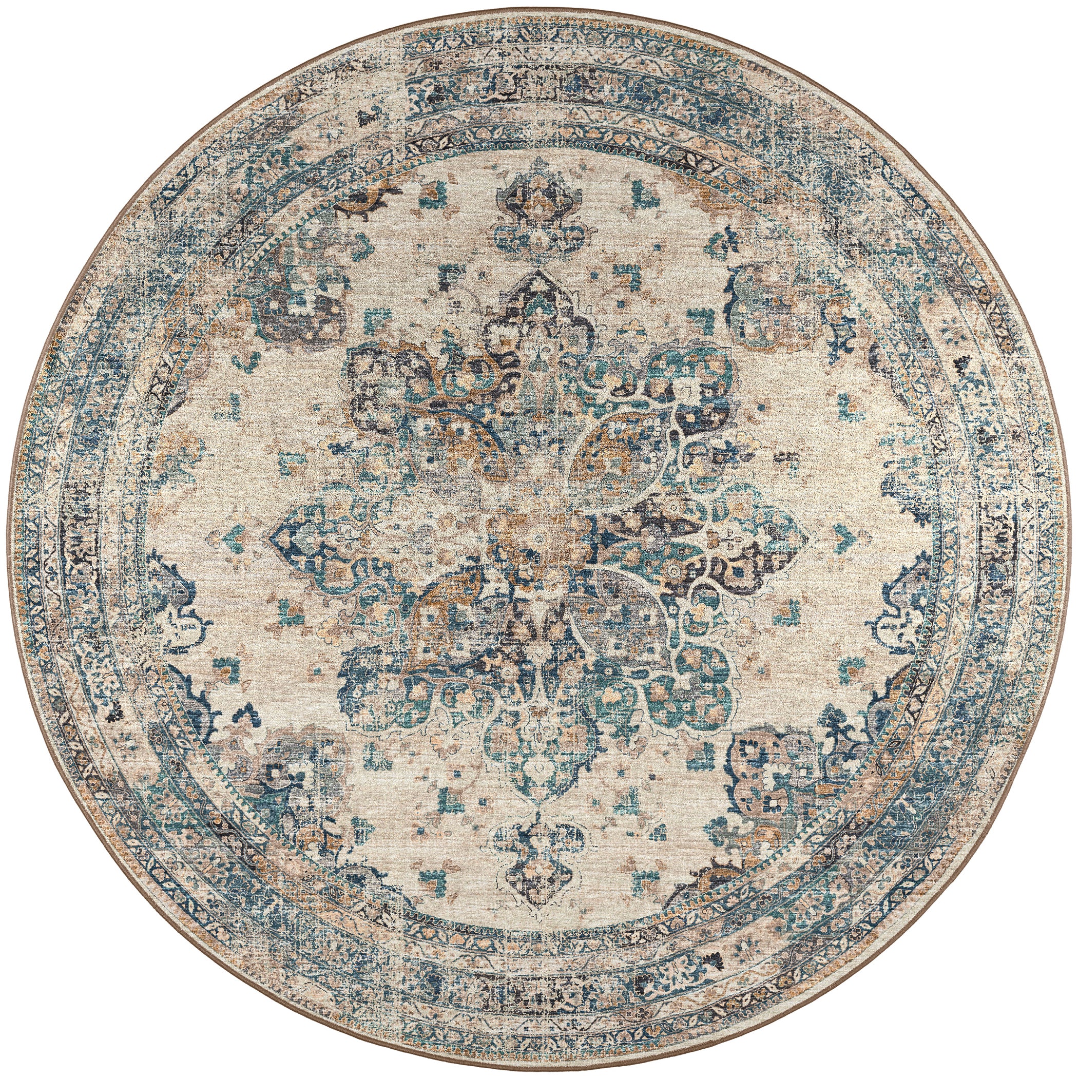 Indoor/Outdoor Traditional JC6 Linen Blue Rug 4' x 4' #shape_Round