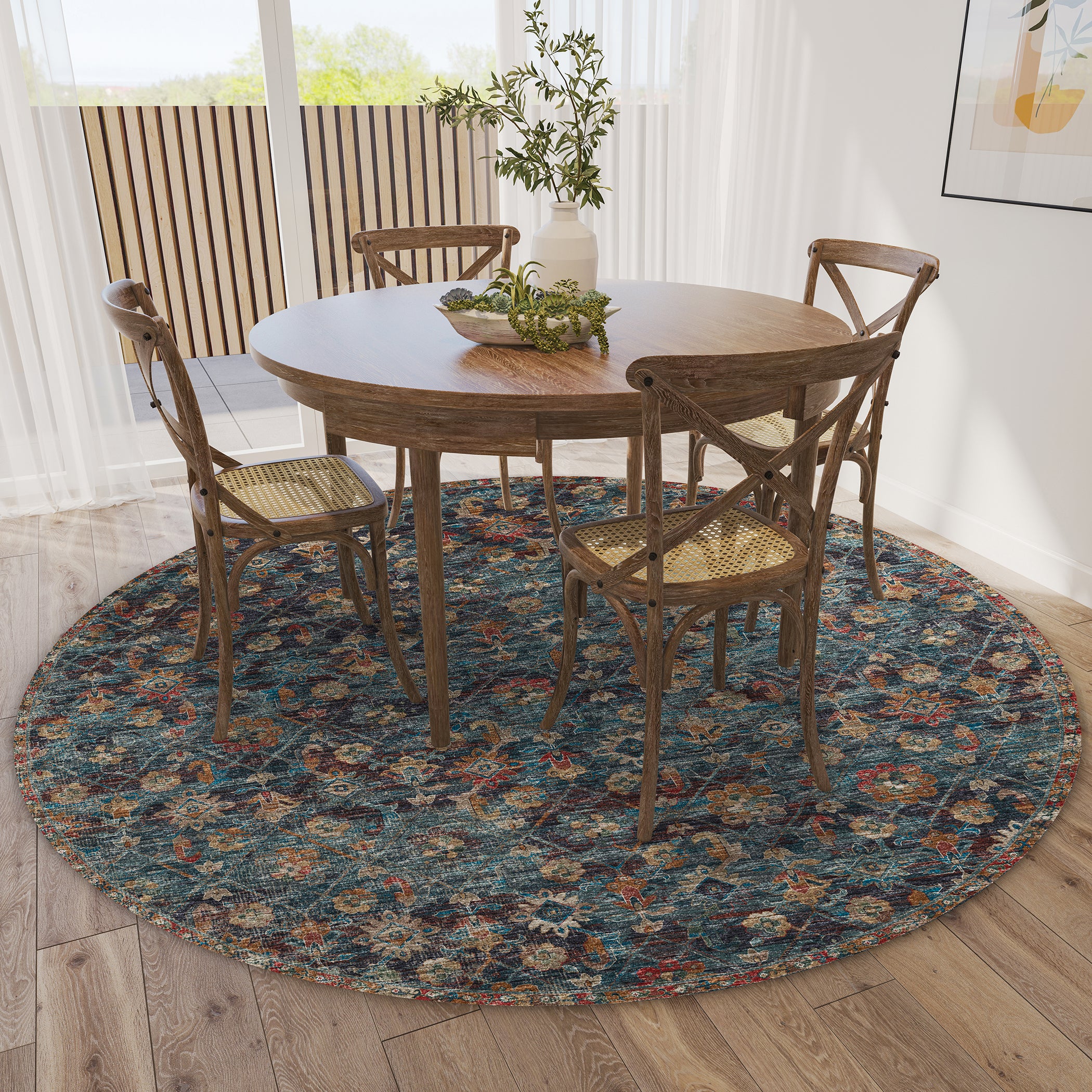 Indoor/Outdoor Traditional JC8 Navy Blue Rug 4' x 4' #shape_Round