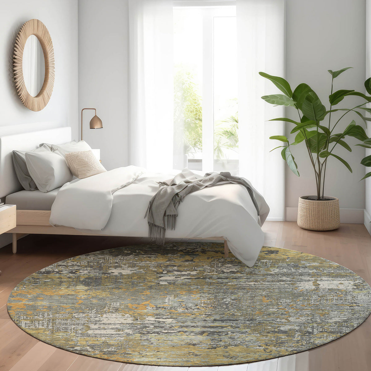Luxury Washable Indoor/Outdoor Transitional KC12 Gray Rug 8' x 8' #shape_Round