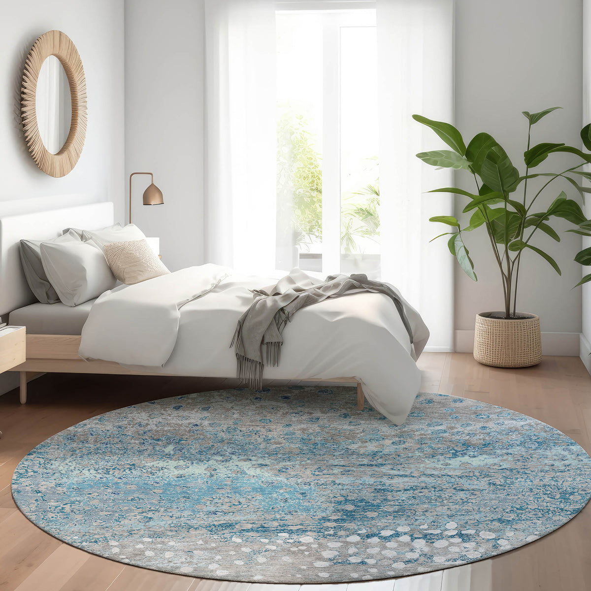 Luxury Washable Indoor/Outdoor Transitional KC13 Gray Rug 8' x 8' #shape_Round