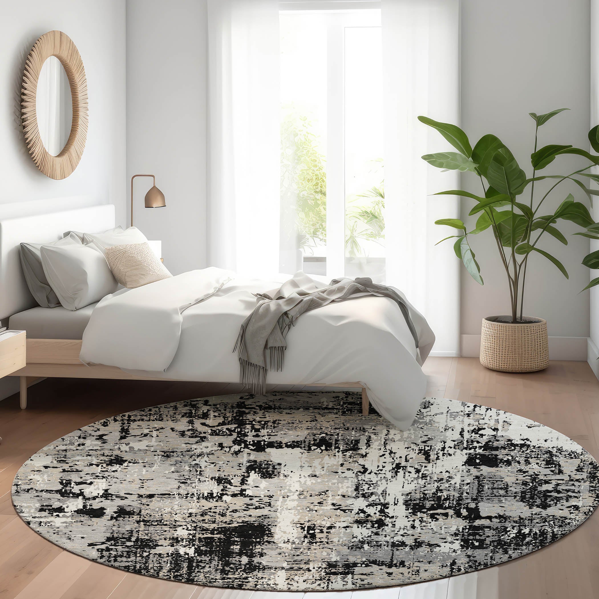 Luxury Washable Indoor/Outdoor Transitional KC7 Black Rug 8' x 8' #shape_Round