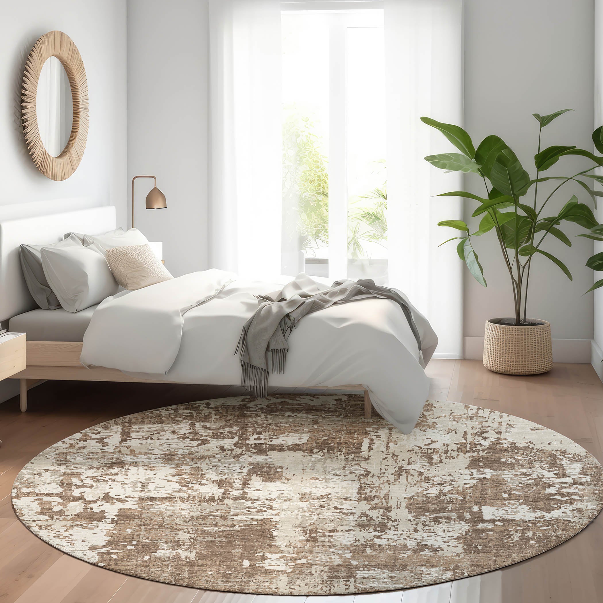 Luxury Washable Indoor/Outdoor Transitional KC7 Brown Rug 8' x 8' #shape_Round